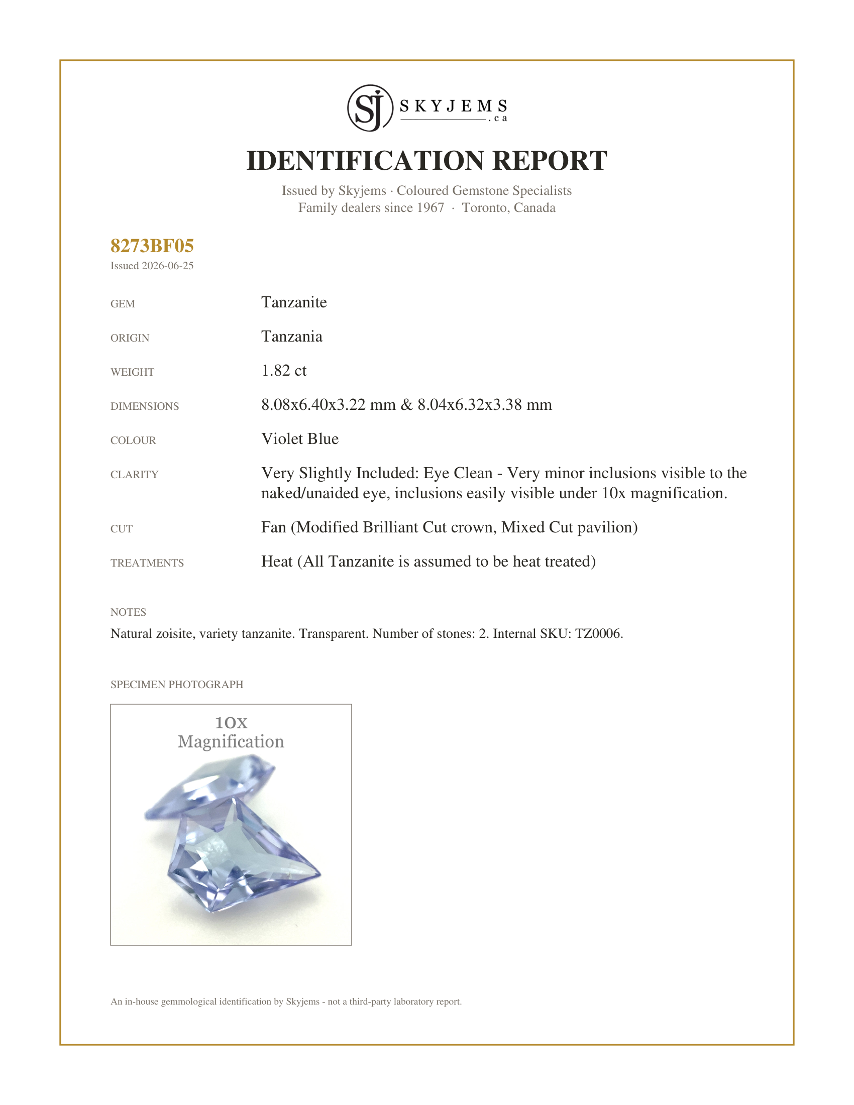 Skyjems Identification Report for TZ0006 — 1.82ct Fan Tanzanite Precision Cut Pair