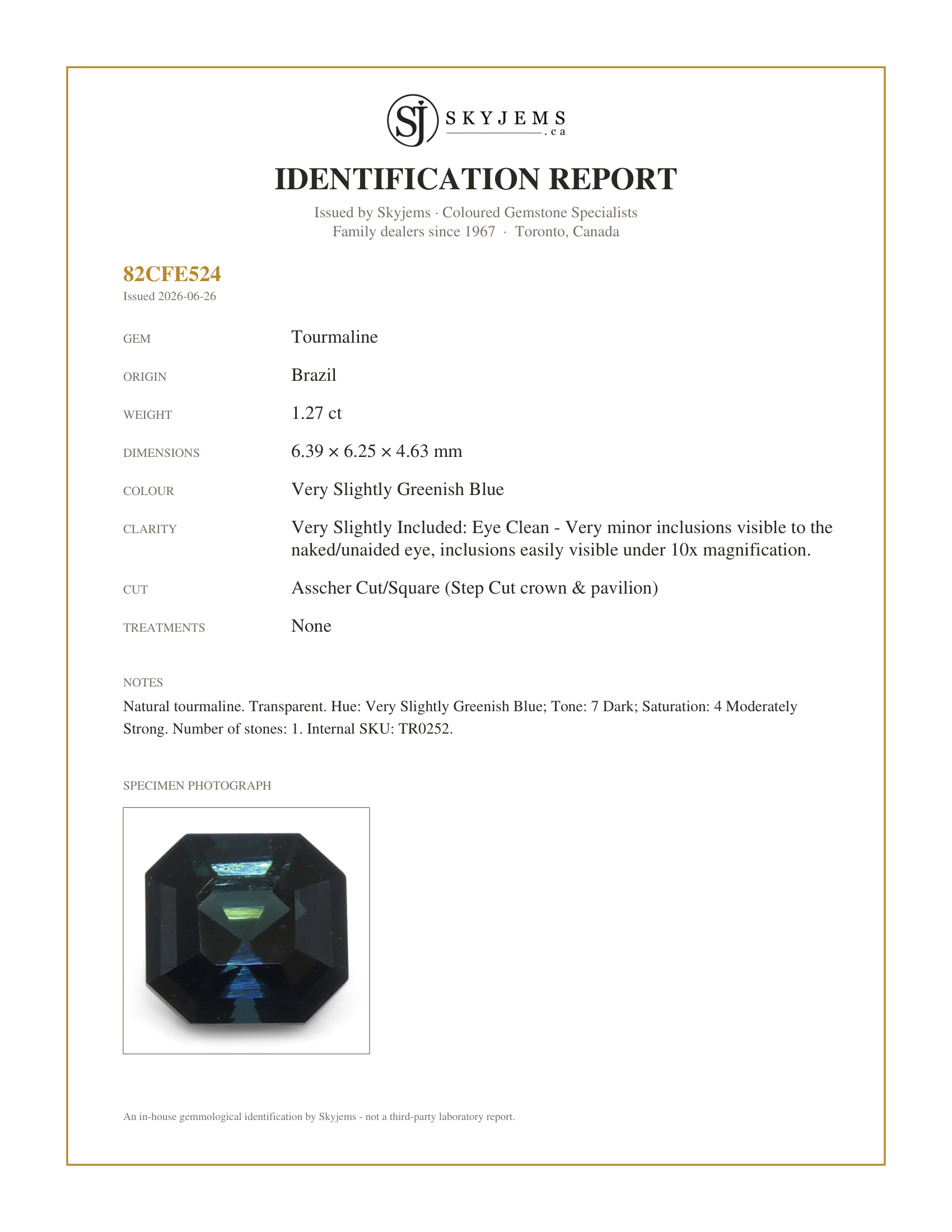 Skyjems Identification Report for TR0252 — 1.27ct Asscher Cut/Square Blue Indicolite Tourmaline