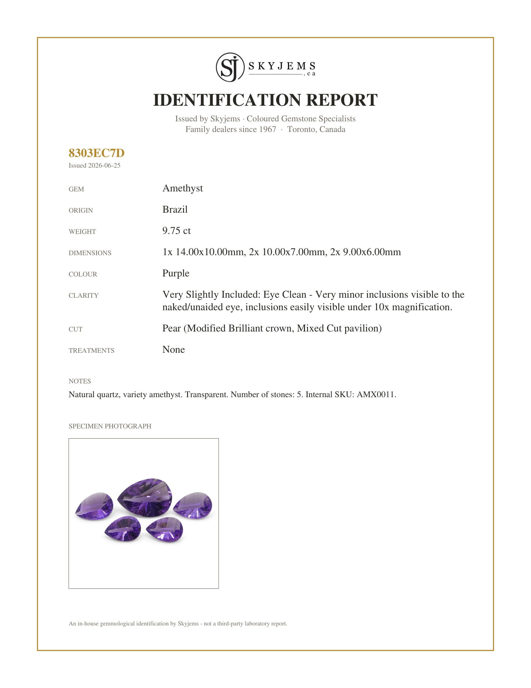 Skyjems Identification Report for AMX0011 — 9.75ct Pear Amethyst 'Gloria' Fantasy/Fancy Cut Set