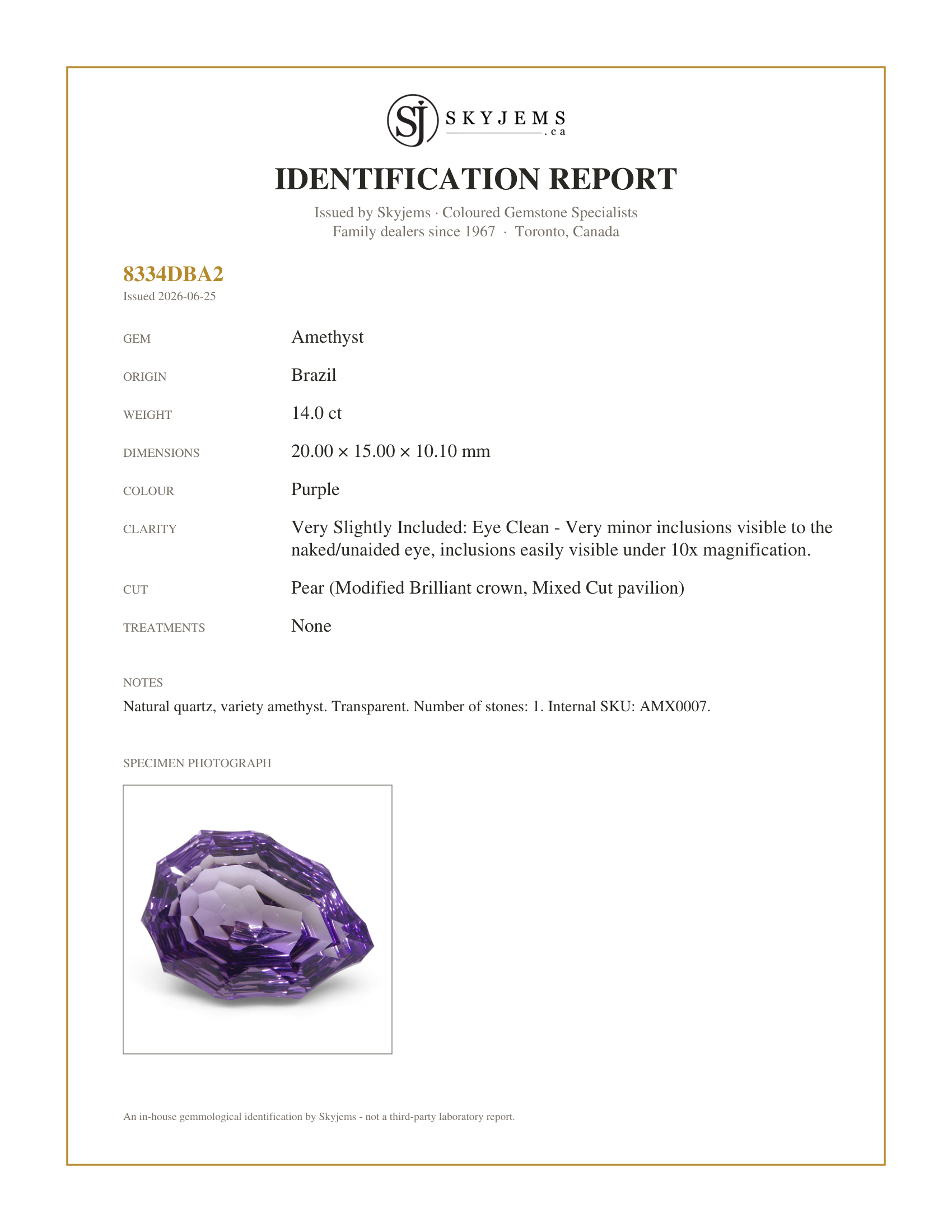 Skyjems Identification Report for AMX0007 — 14ct Pear Amethyst 'Hypatia' Fantasy/Fancy Cut