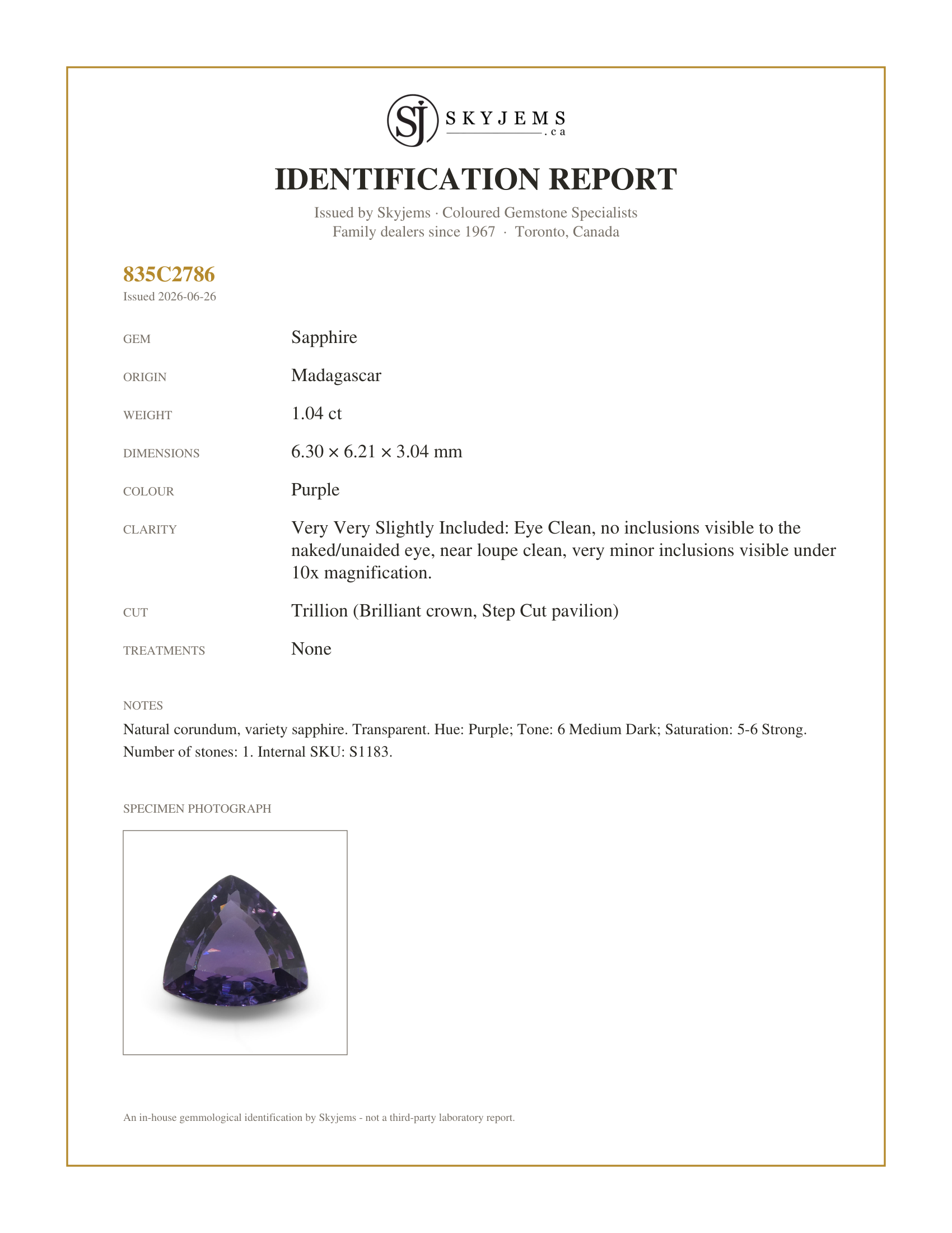 Skyjems Identification Report for S1183 — 1.04ct Trillion Purple Sapphire from Madagascar Unheated