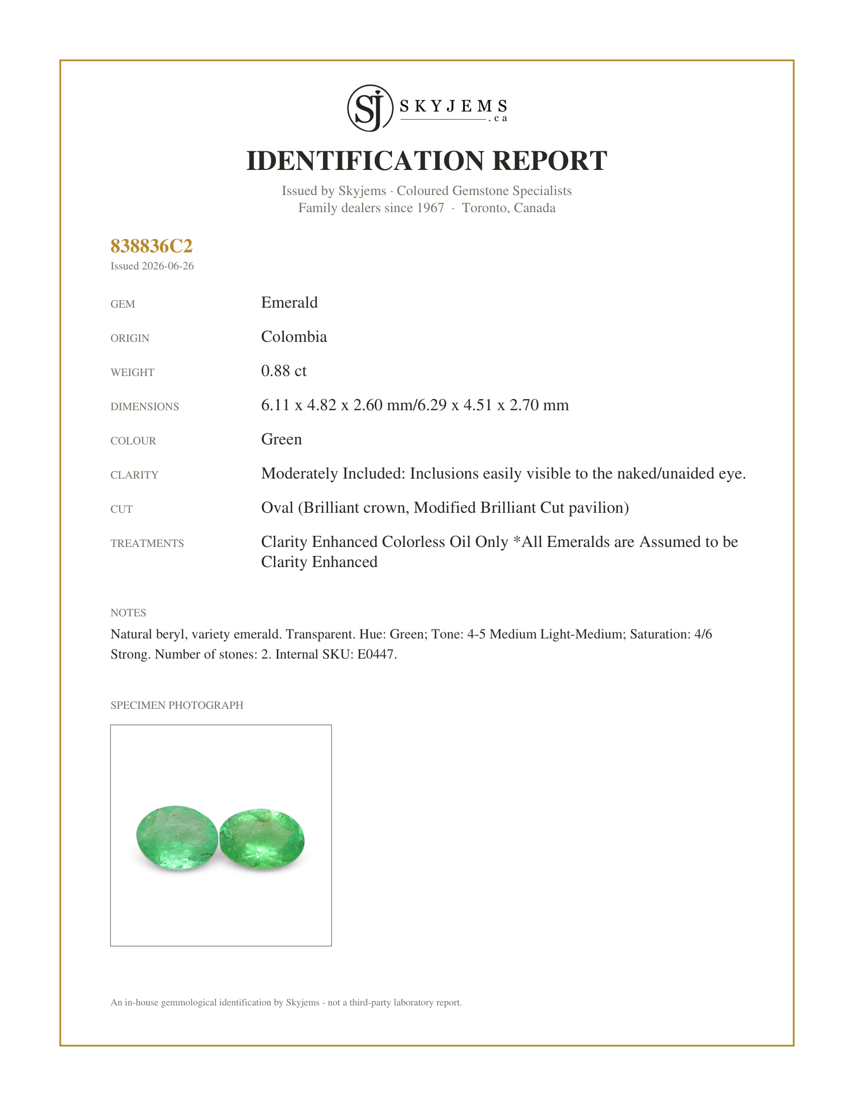 Skyjems Identification Report for E0447 — 0.88ct Pair Oval Green Emerald from Colombia