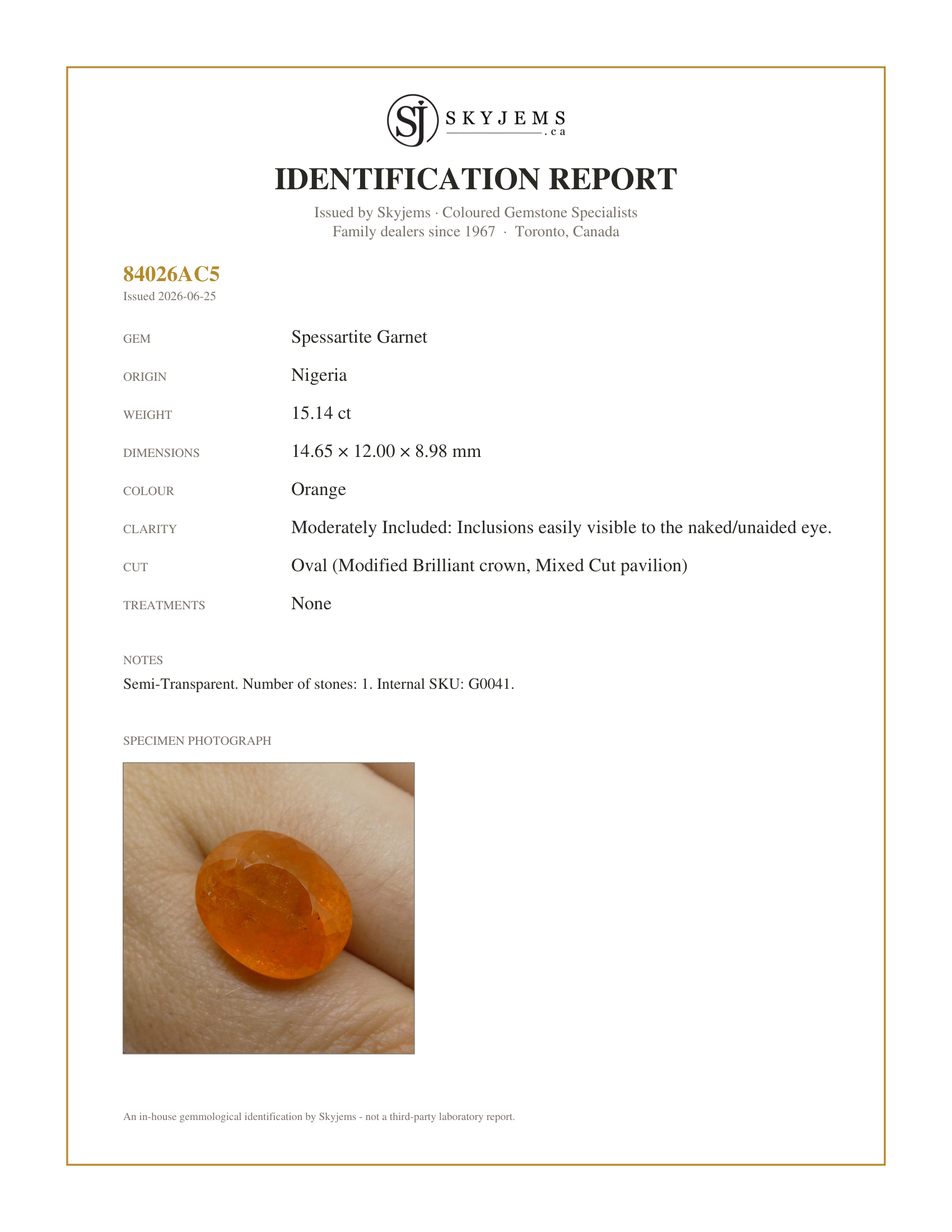 Skyjems Identification Report for G0041 — 15.14ct Oval Fanta Orange Mandarin Spessartite/Spessartine Garnet