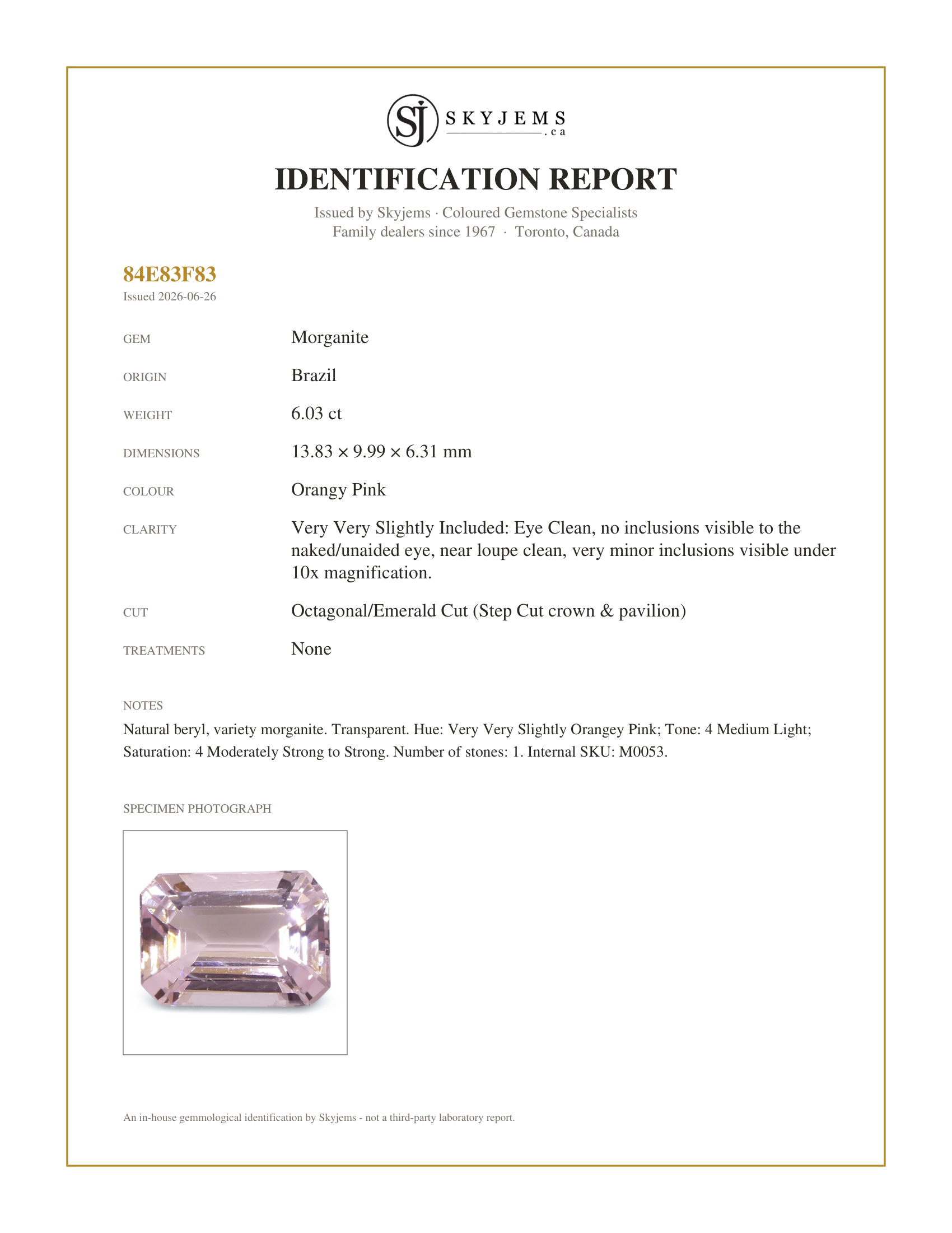 Skyjems Identification Report for M0053 — 6.03ct Octagonal/Emerald Cut Orangy Pink Morganite