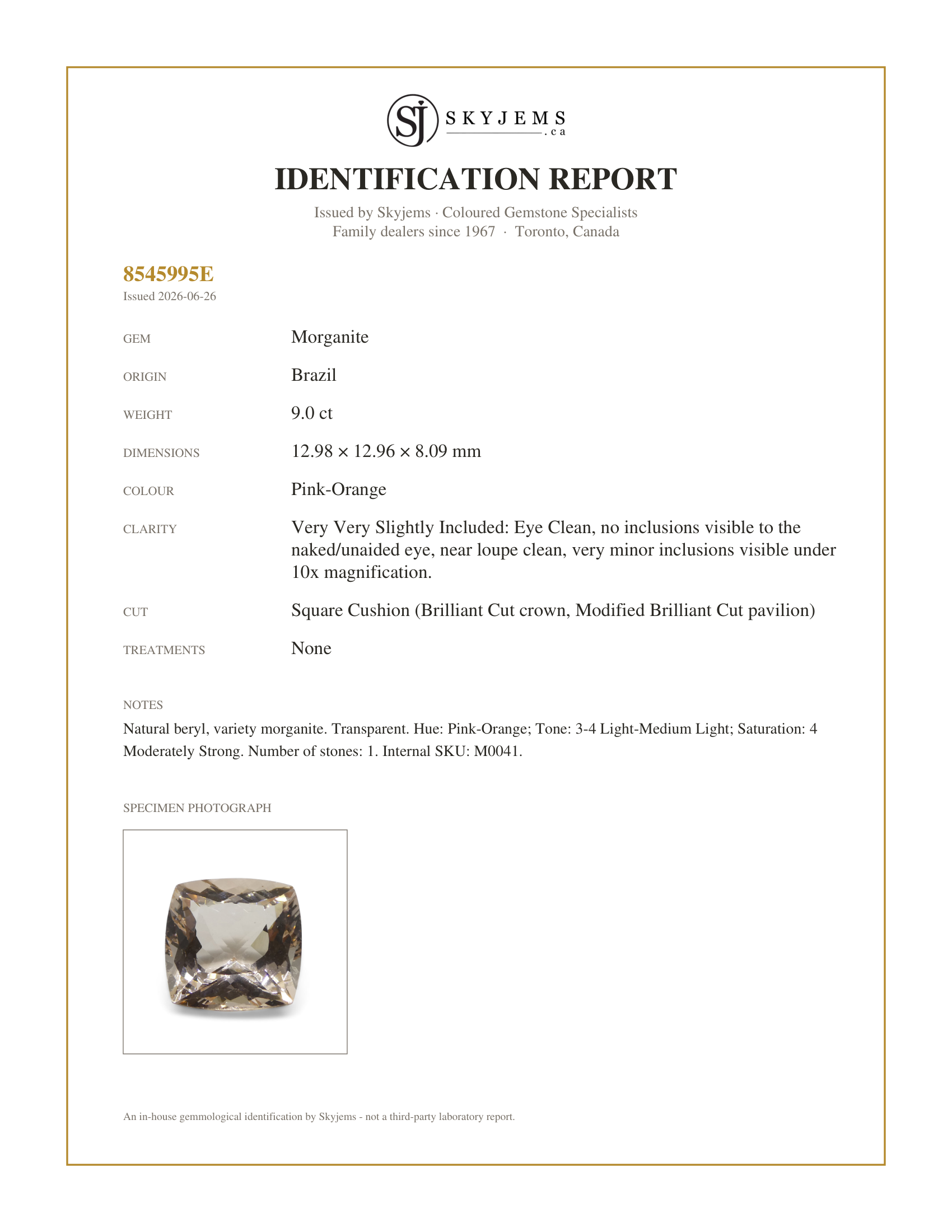 Skyjems Identification Report for M0041 — 9ct Square Cushion Peach Pink-Orange Morganite