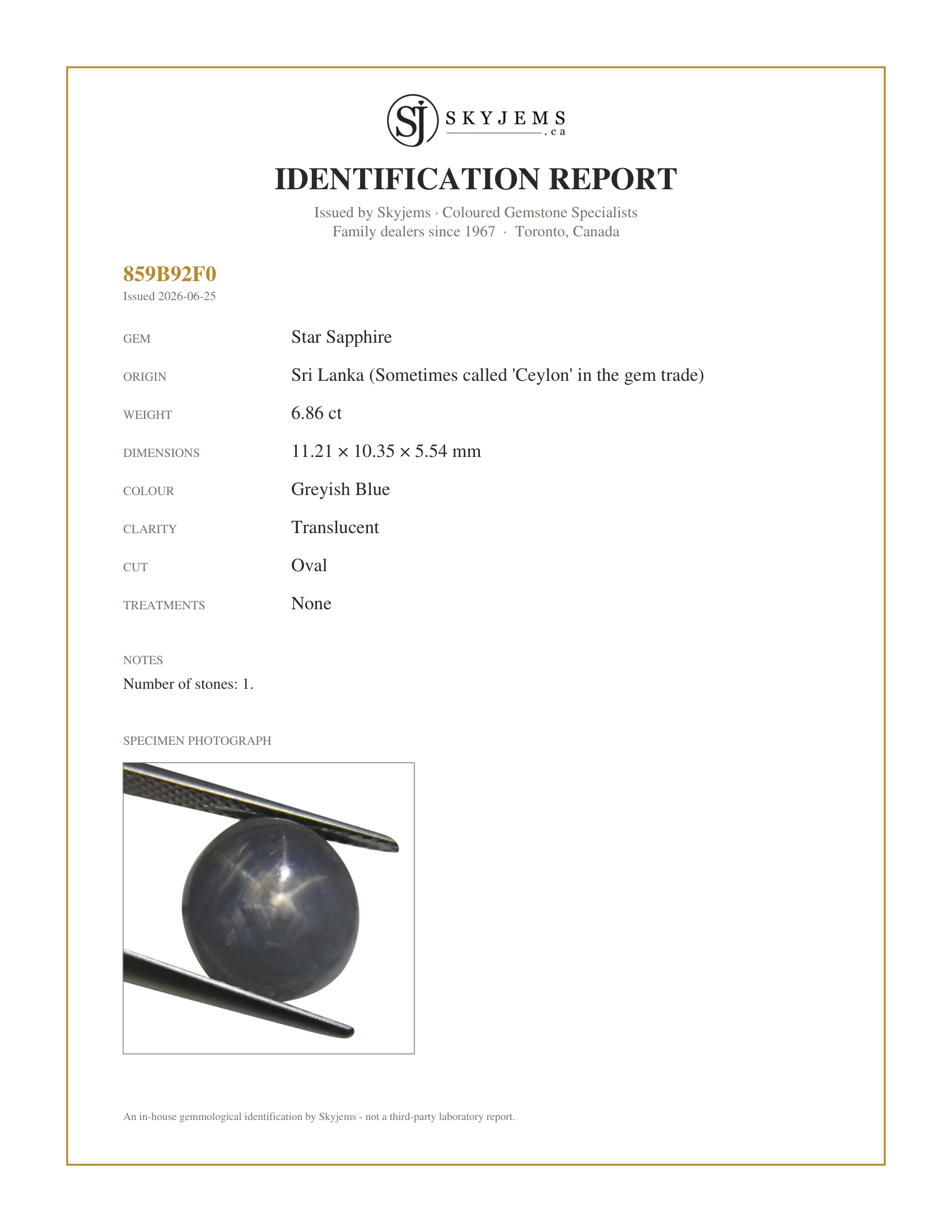 Skyjems Identification Report for  — 6.86 ct Oval Star Sapphire