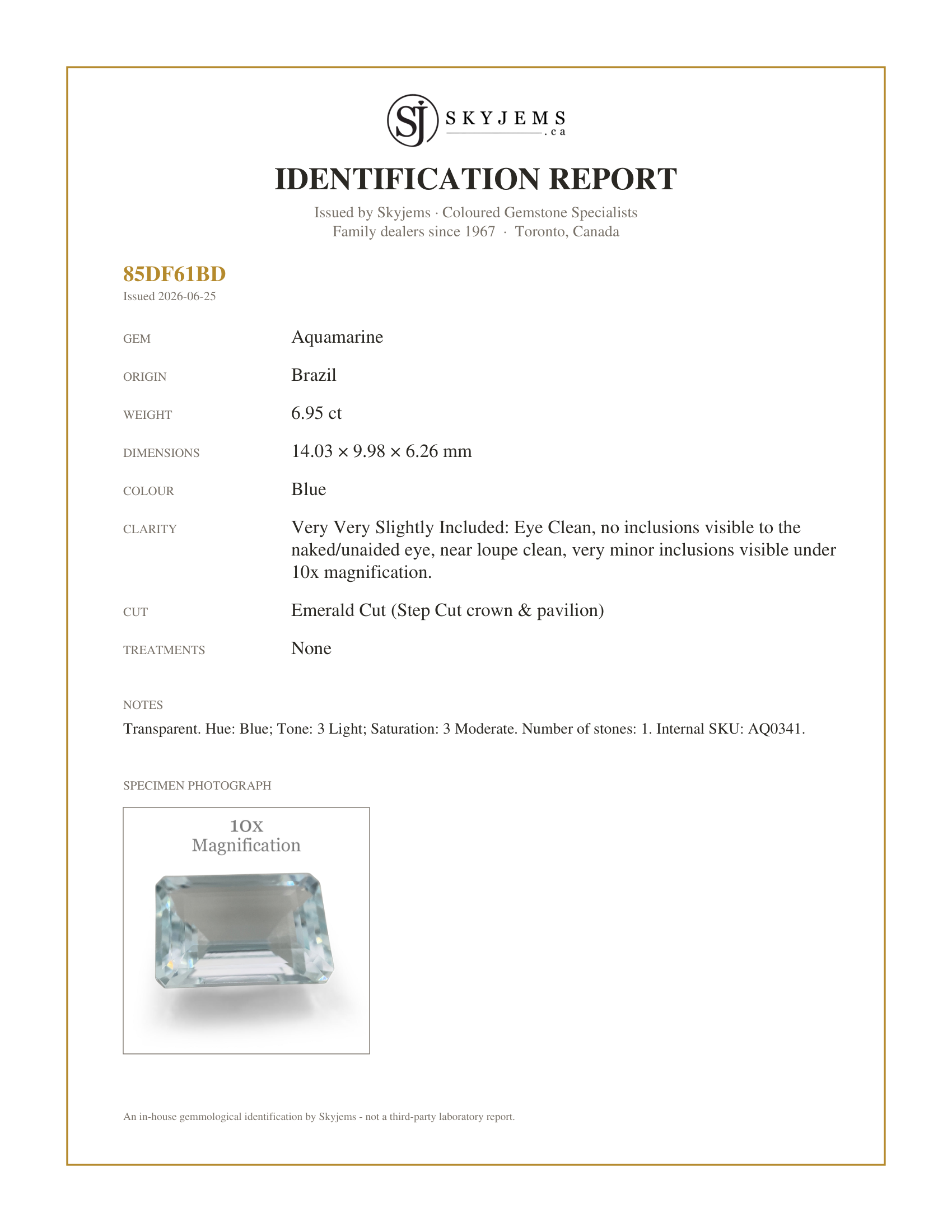 Skyjems Identification Report for AQ0341 — 6.95ct Emerald Cut Aquamarine
