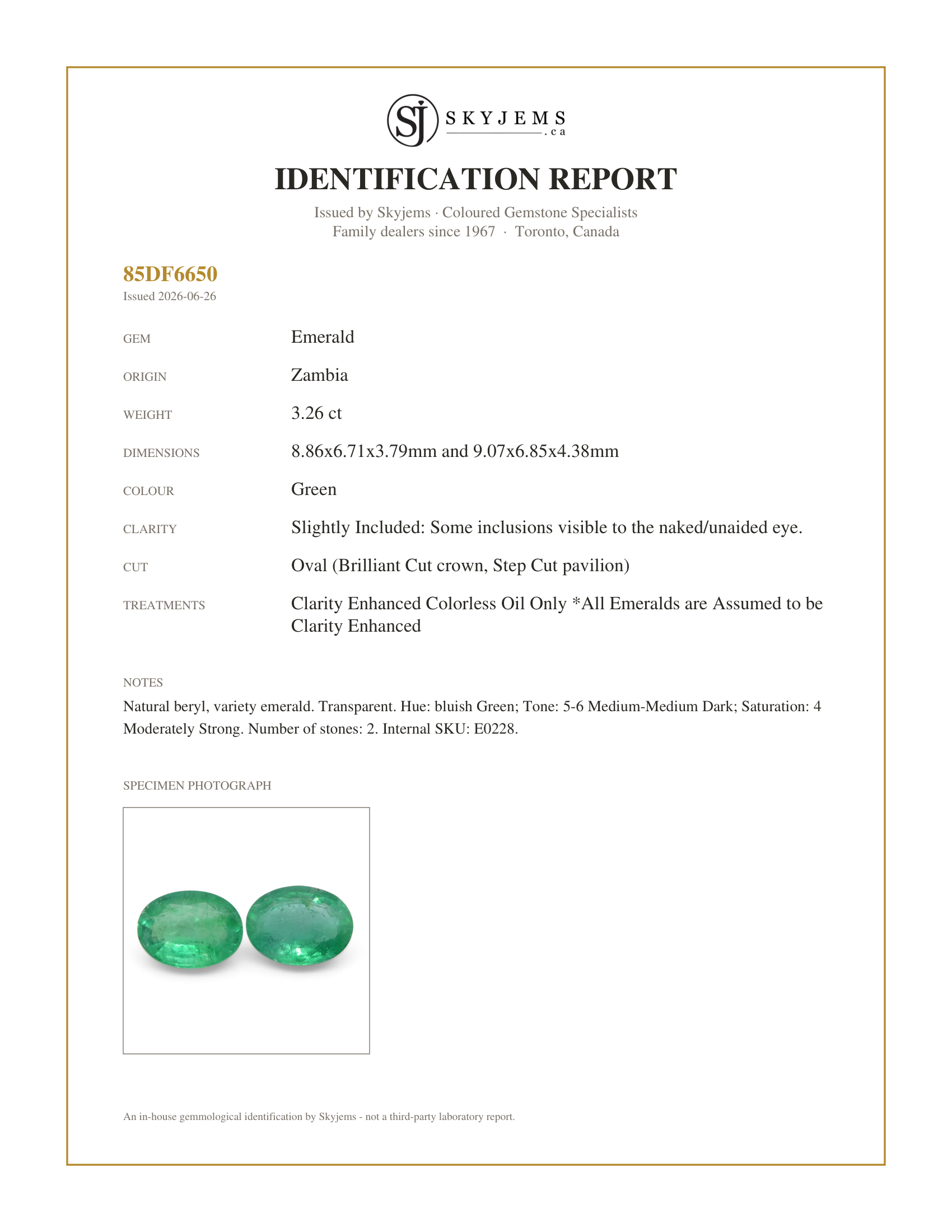 Skyjems Identification Report for E0228 — 3.26ct Pair Oval Green Emerald from Zambia