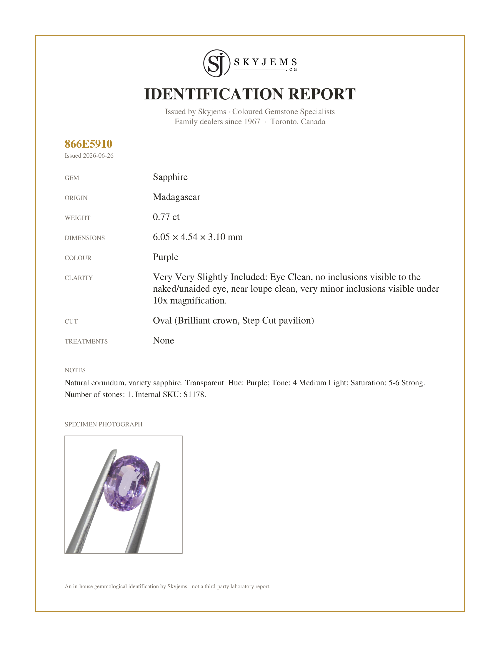 Skyjems Identification Report for S1178 — 0.77ct Oval Purple Sapphire from Madagascar Unheated