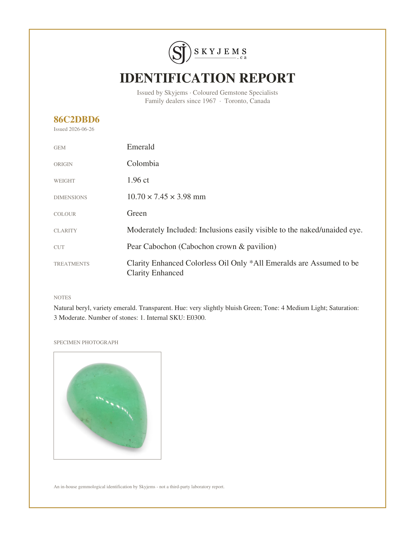 Skyjems Identification Report for E0300 — 1.96ct Pear Cabochon Green Emerald from Colombia