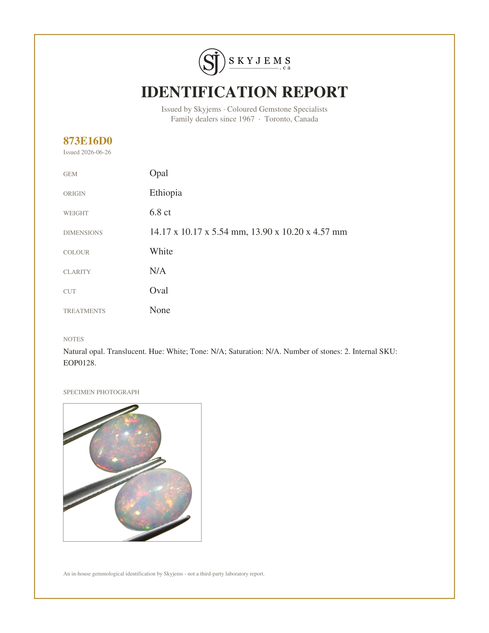 Skyjems Identification Report for EOP0128 — 6.8ct Pair Oval Cabochon White Crystal Opal from Ethiopia