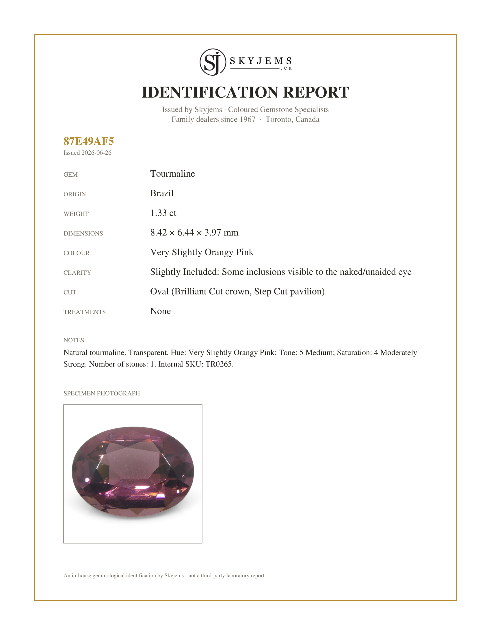 Skyjems Identification Report for TR0265 — 1.33ct Oval Pink Tourmaline