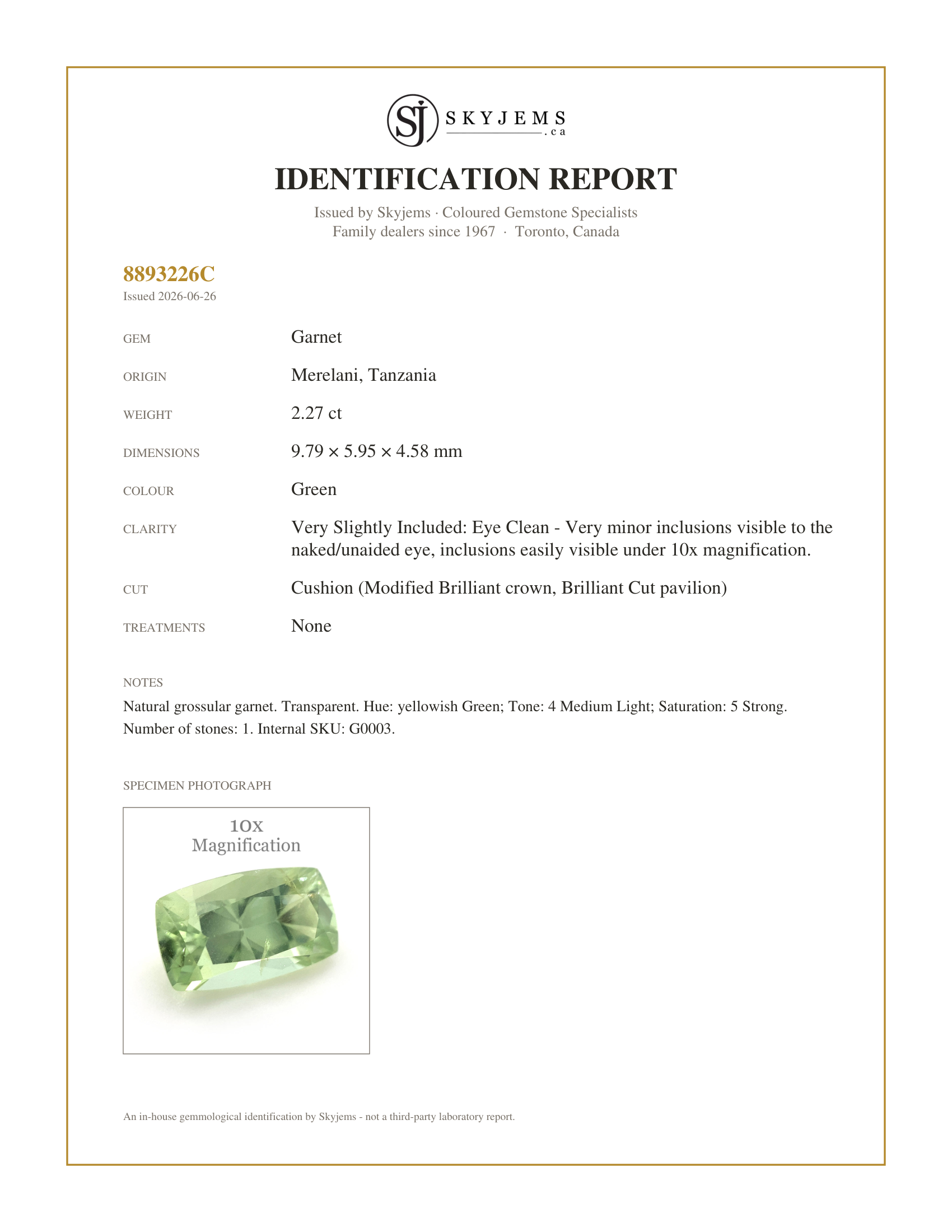 Skyjems Identification Report for G0003 — 2.27ct Cushion Green Merelani Mint Tsavorite Garnet from Tanzania