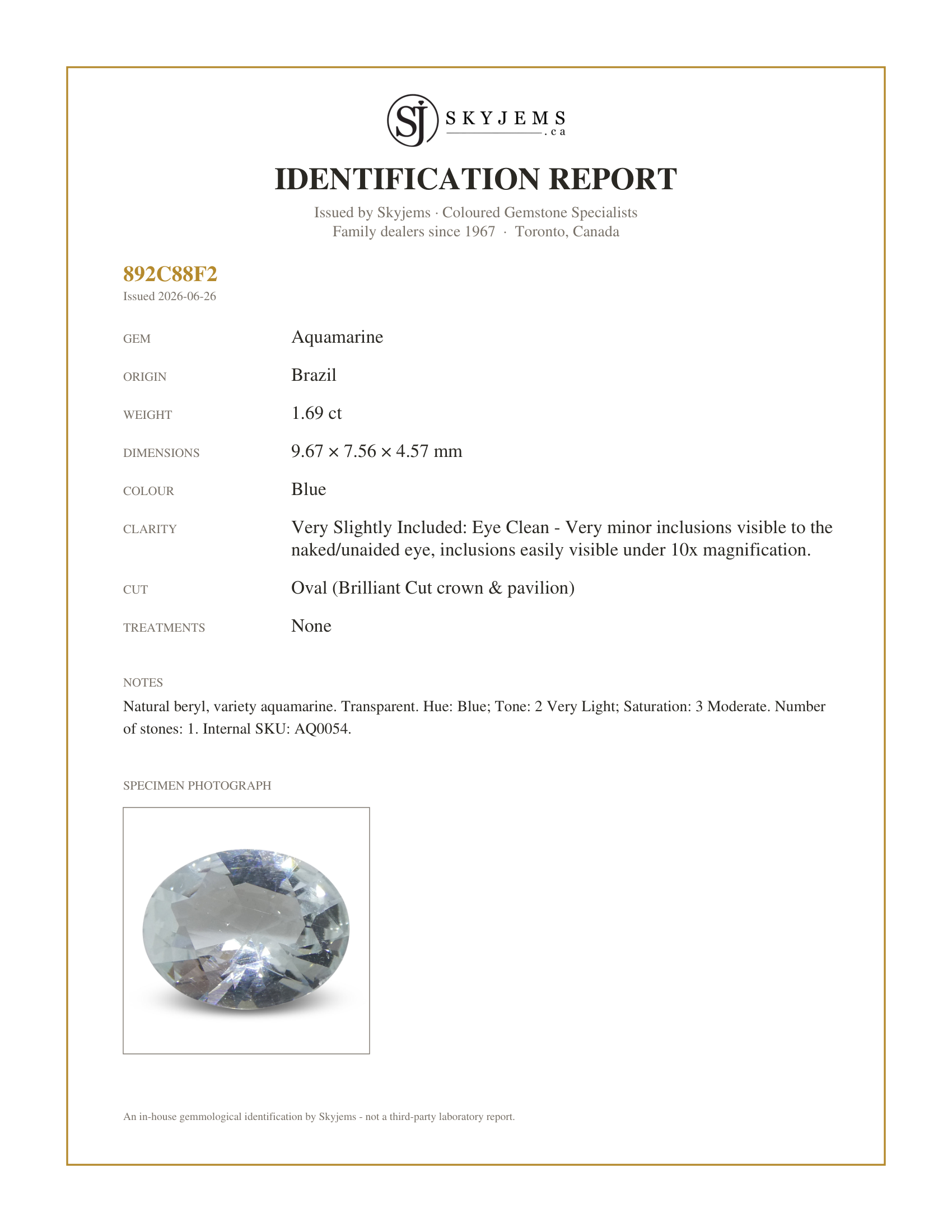 Skyjems Identification Report for AQ0054 — 1.69ct Oval Blue Aquamarine from Brazil Unheated