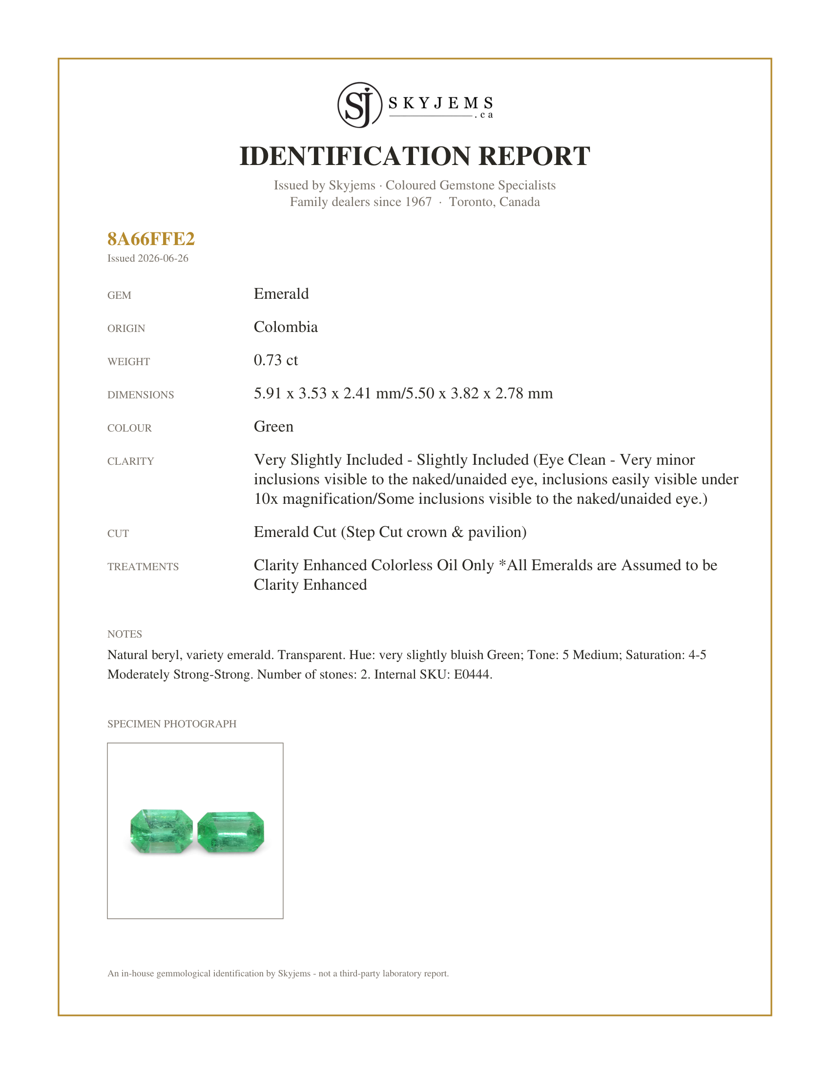 Skyjems Identification Report for E0444 — 0.73ct Pair Emerald Cut Green Emerald from Colombia