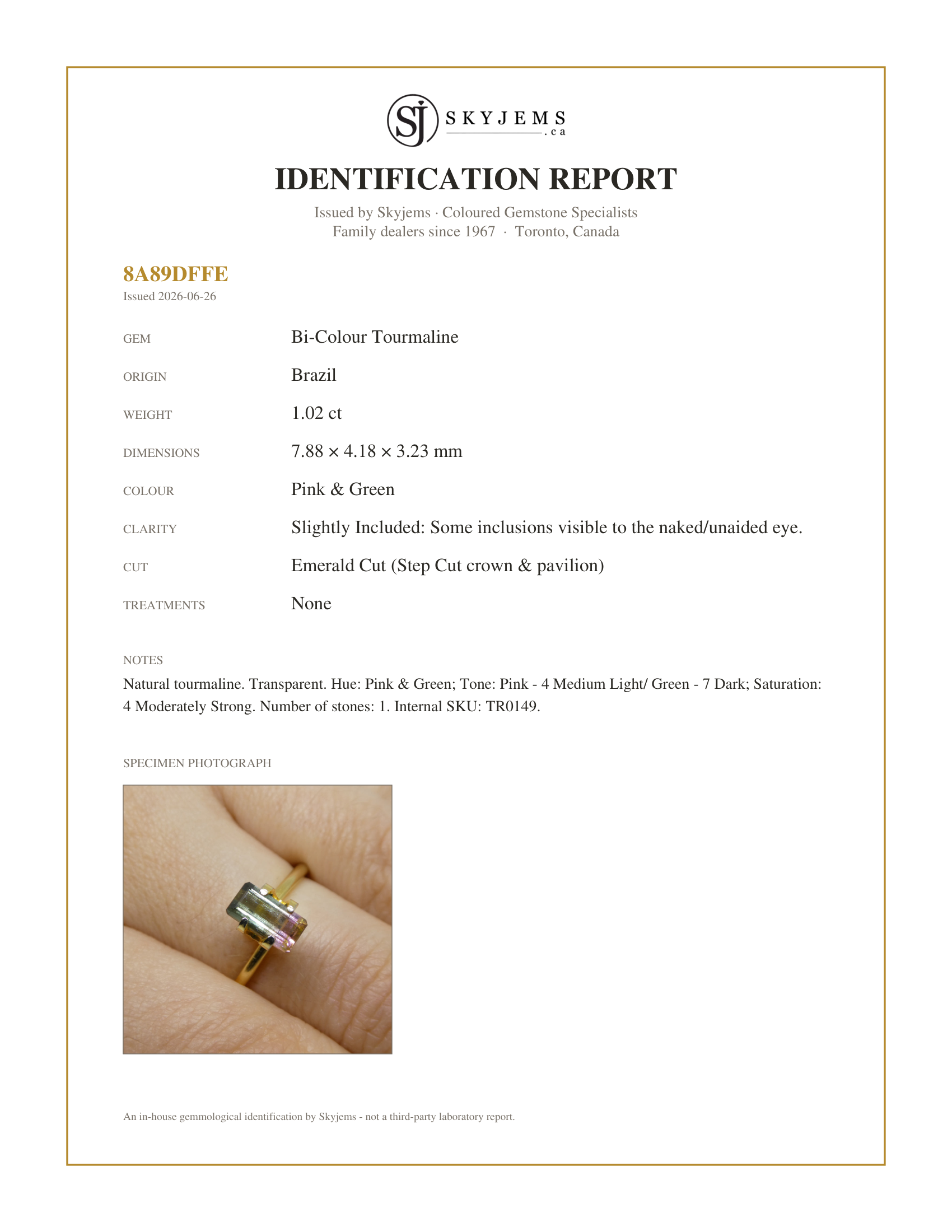 Skyjems Identification Report for TR0149 — 1.02ct Emerald Cut Pink & Green Bi-Colour Tourmaline