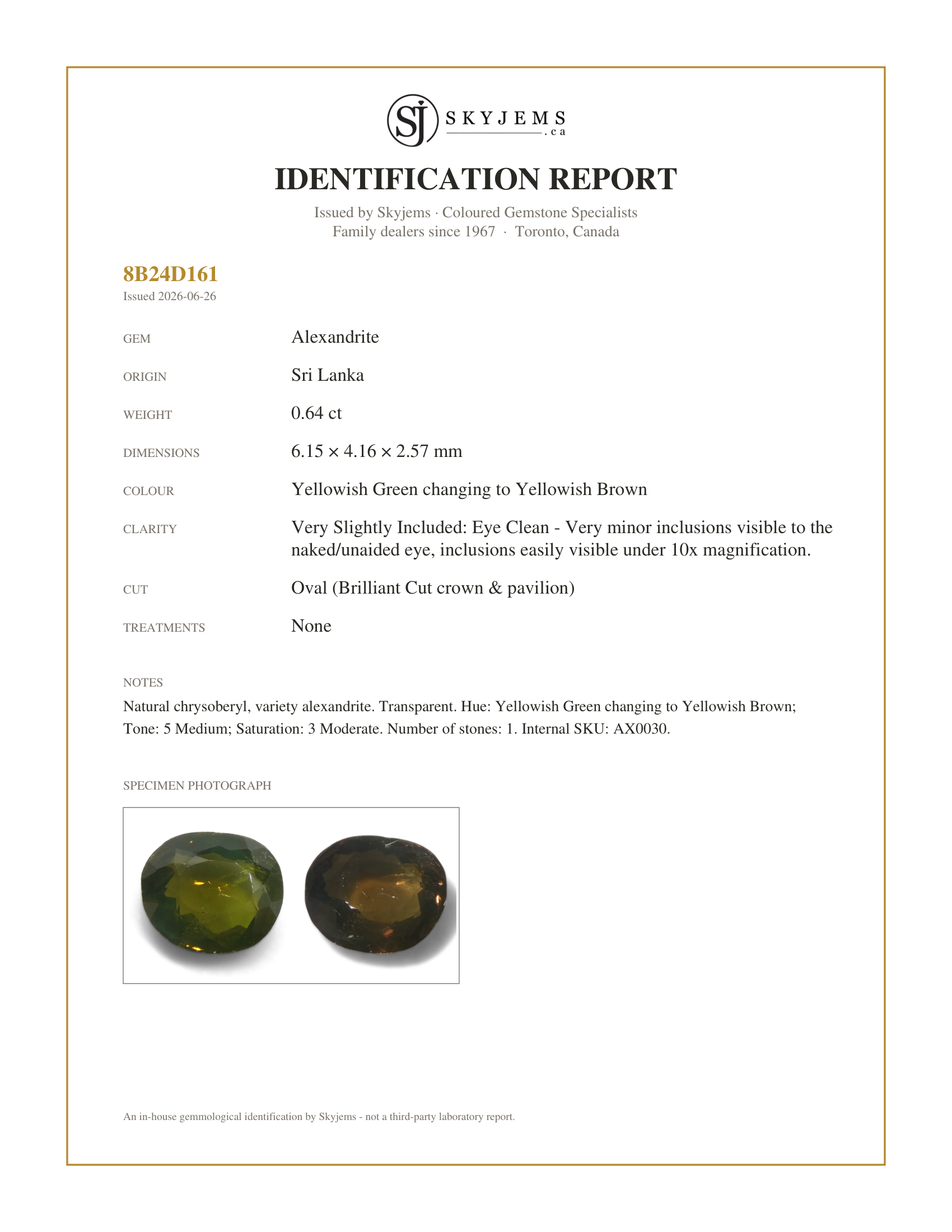 Skyjems Identification Report for AX0030 — 0.64ct Oval Yellowish Green to Yellowish Brown Alexandrite from Sri Lanka, Unheated