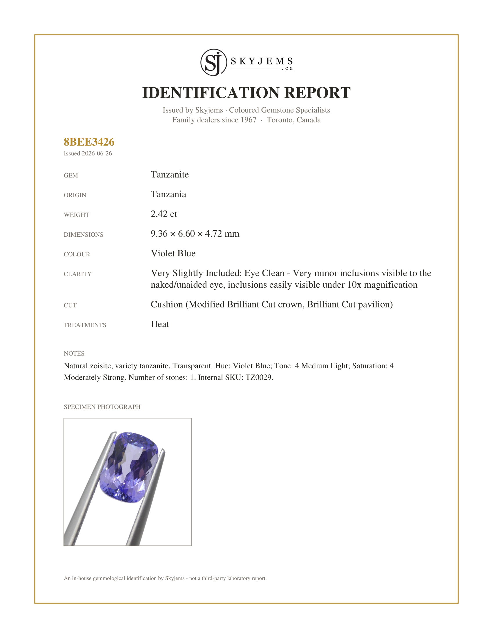 Skyjems Identification Report for TZ0029 — 2.42ct Cushion Violet Blue Tanzanite from Tanzania