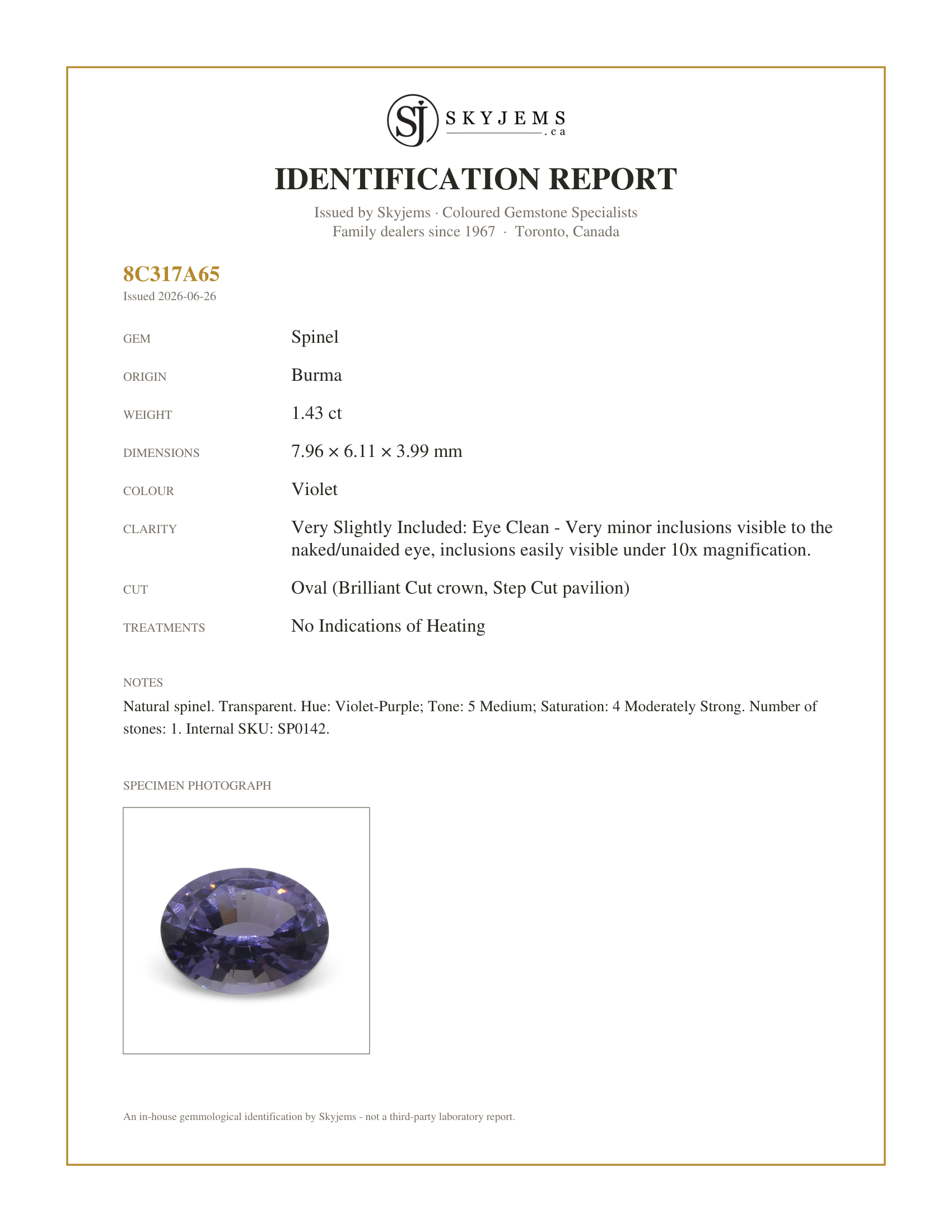 Skyjems Identification Report for SP0142 — 1.43ct Oval Violet Spinel from Burma