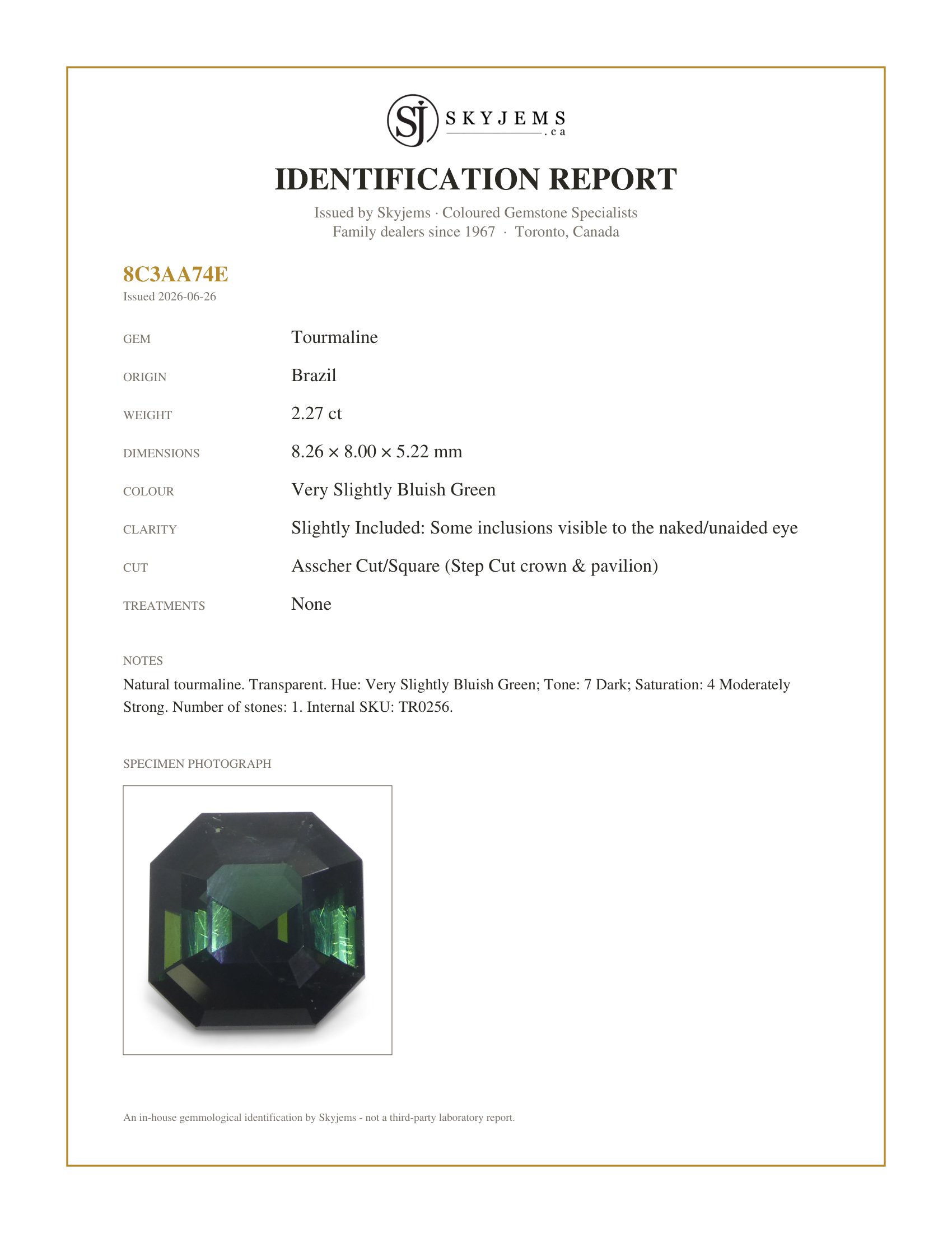 Skyjems Identification Report for TR0256 — 2.27ct Asscher Cut/Square Green Tourmaline