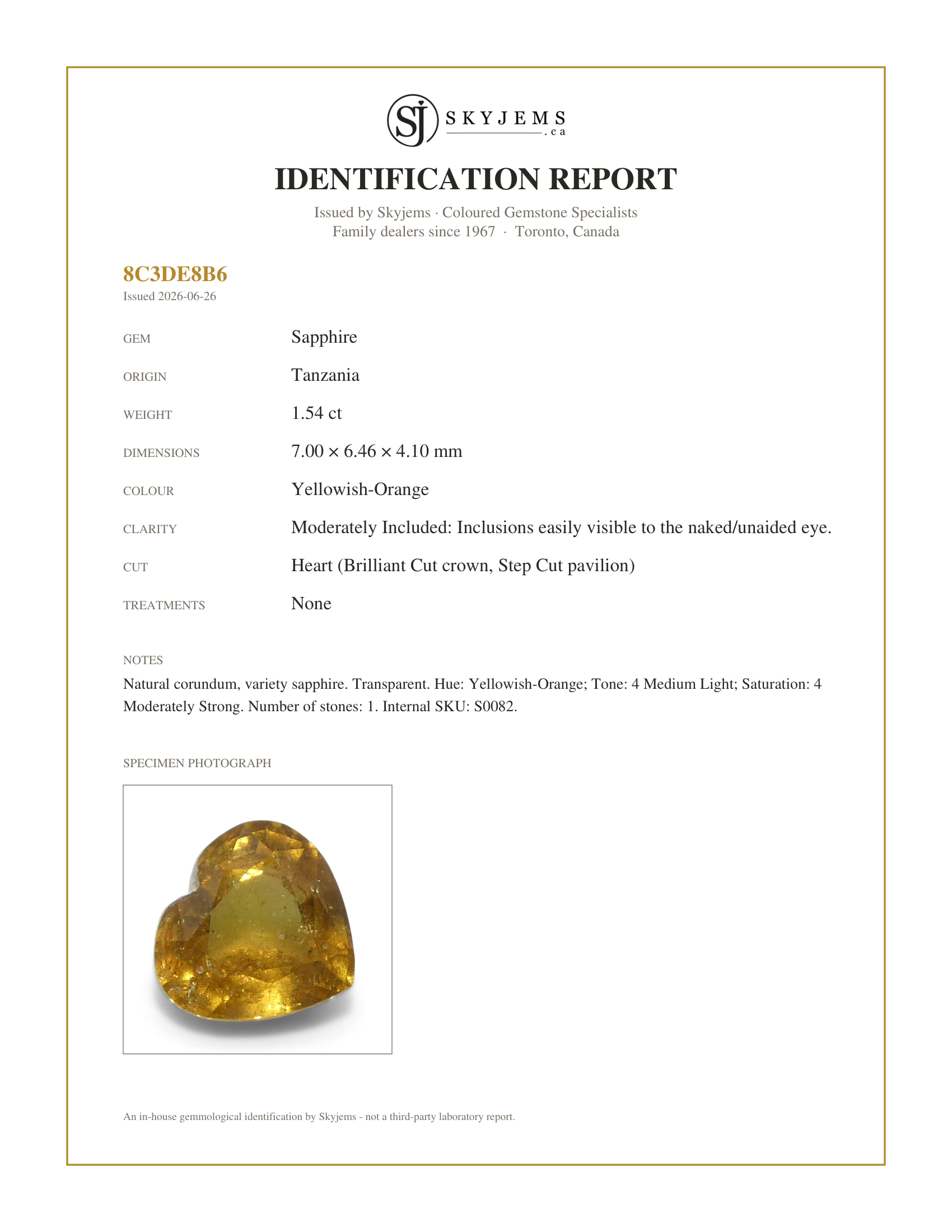 Skyjems Identification Report for S0082 — 1.54ct Heart Orange Sapphire from Tanzania Unheated