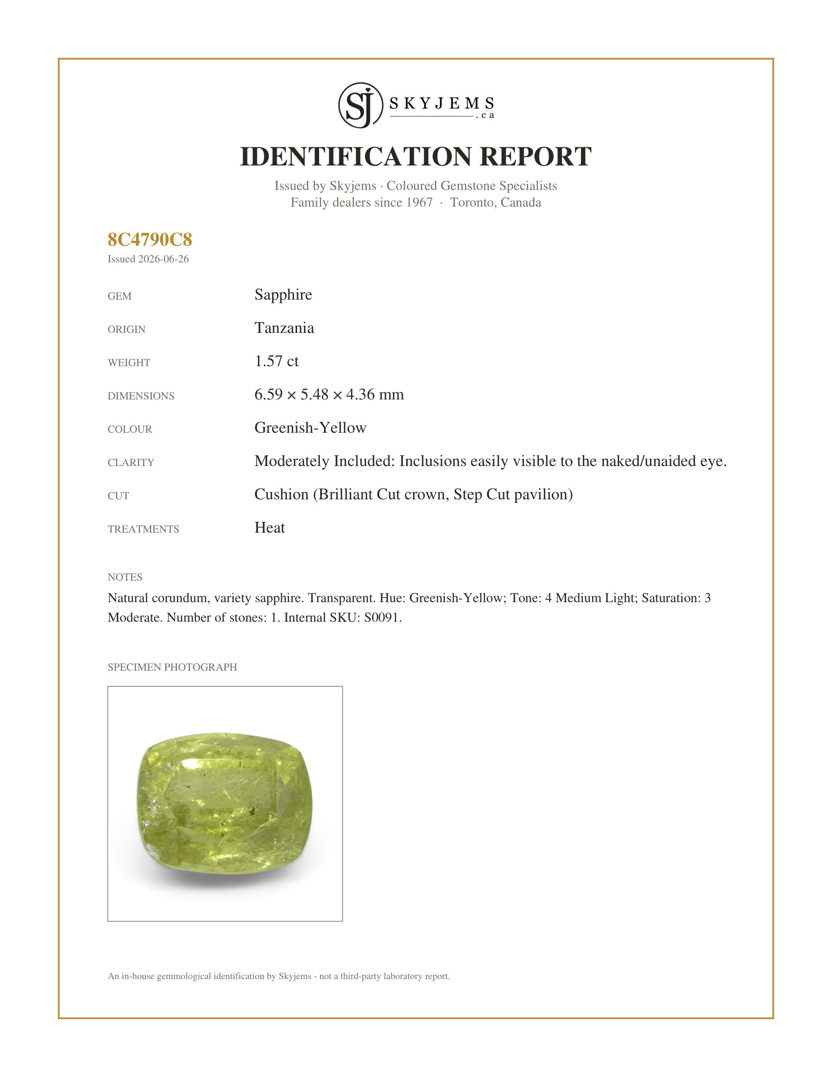 Skyjems Identification Report for S0091 — 1.57ct Cushion Yellow Sapphire from Tanzania
