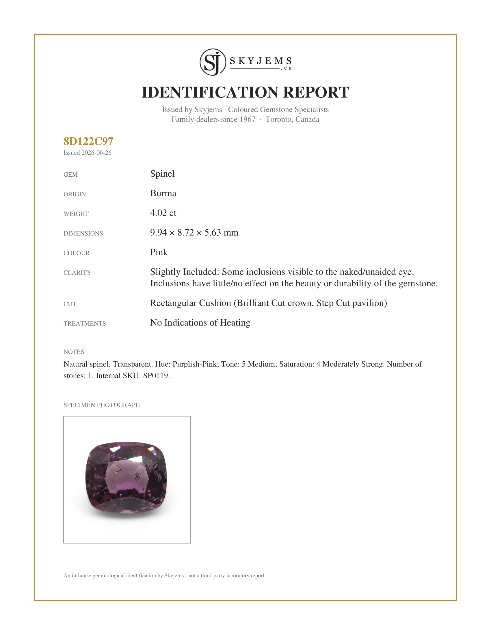 Skyjems Identification Report for SP0119 — 4.02ct Rectangular Cushion Purplish-Pink Spinel from Burma