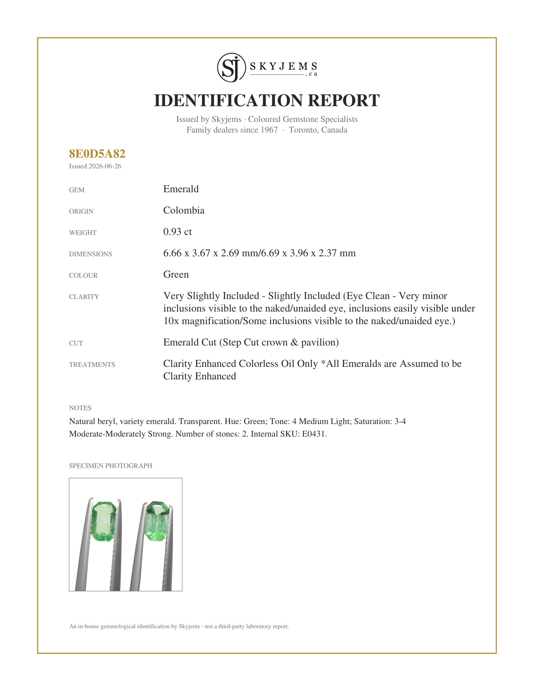 Skyjems Identification Report for E0431 — 0.93ct Pair Emerald Cut Green Emerald from Colombia