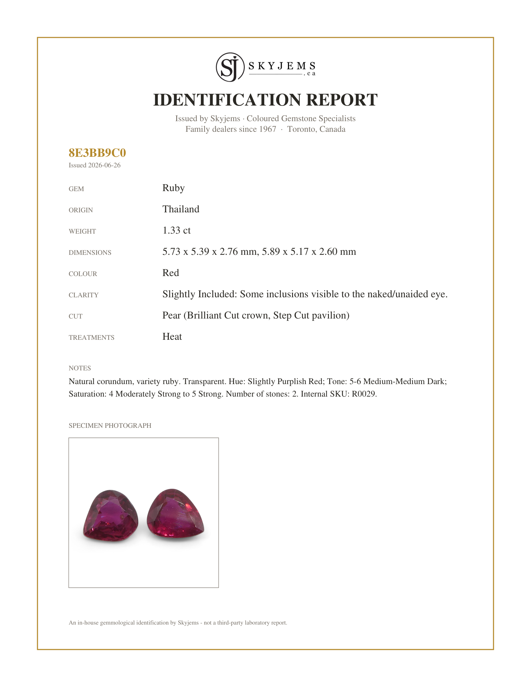 Skyjems Identification Report for R0029 — 1.33ct Pear Red Ruby from Thailand Pair