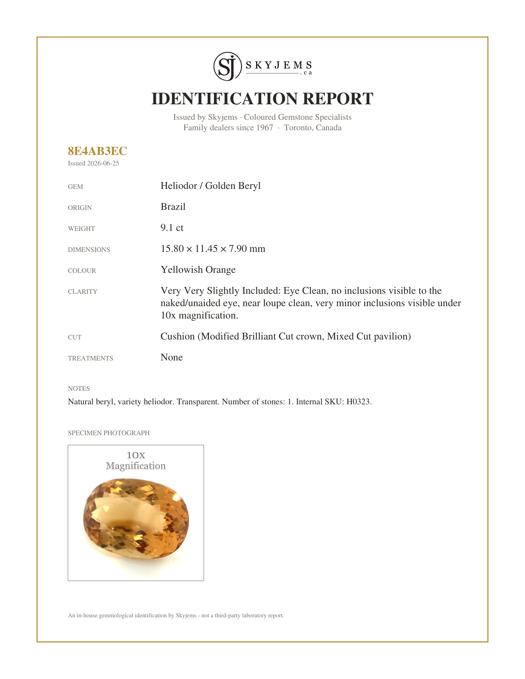 Skyjems Identification Report for H0323 — 9.10ct Cushion Heliodor, Golden Yellow Beryl