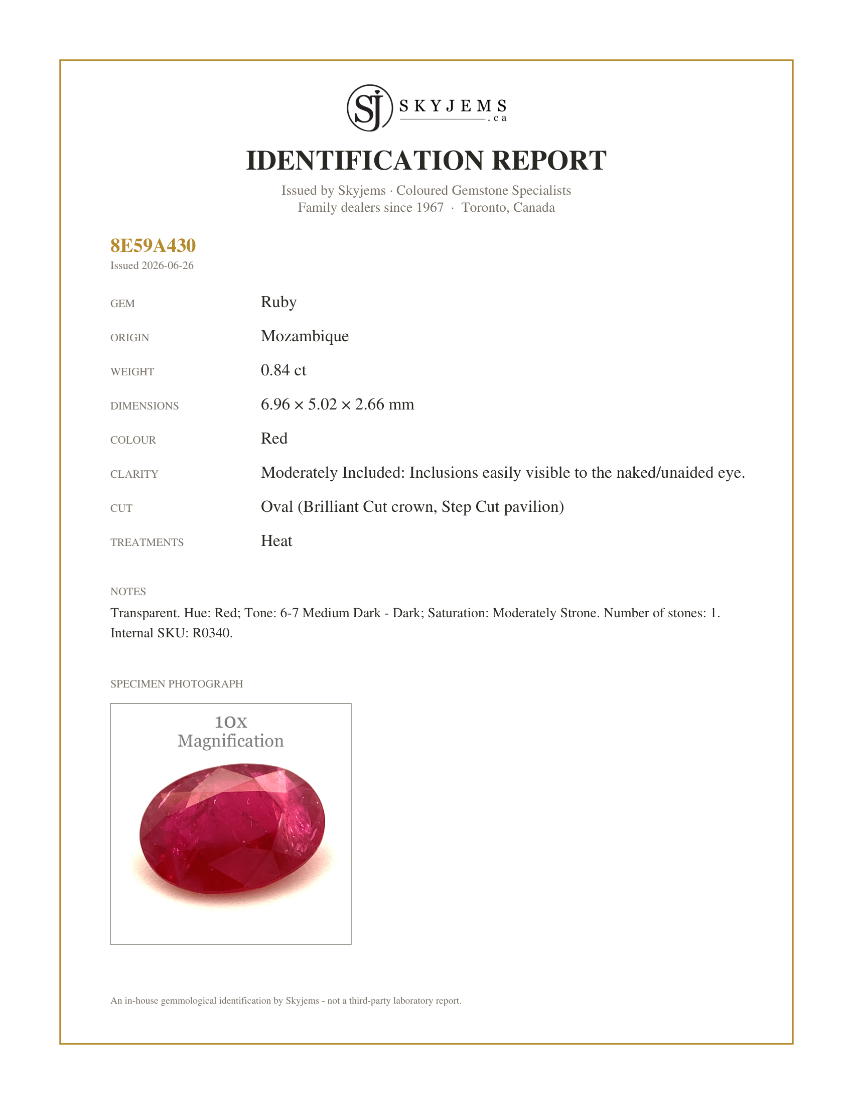 Skyjems Identification Report for R0340 — 0.84ct Oval Red Ruby from Mozambique