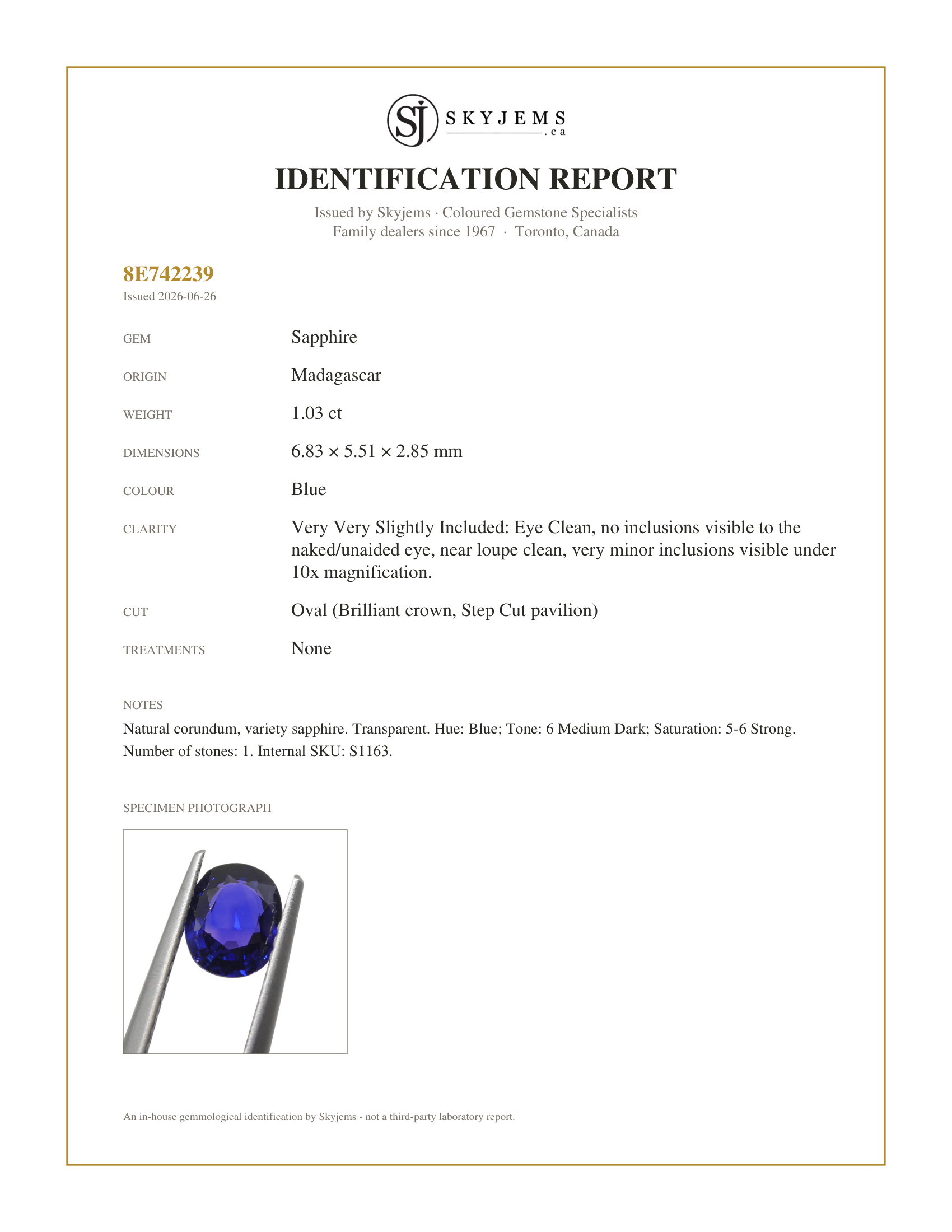 Skyjems Identification Report for S1163 — 1.03ct Oval Blue Sapphire from Madagascar Unheated