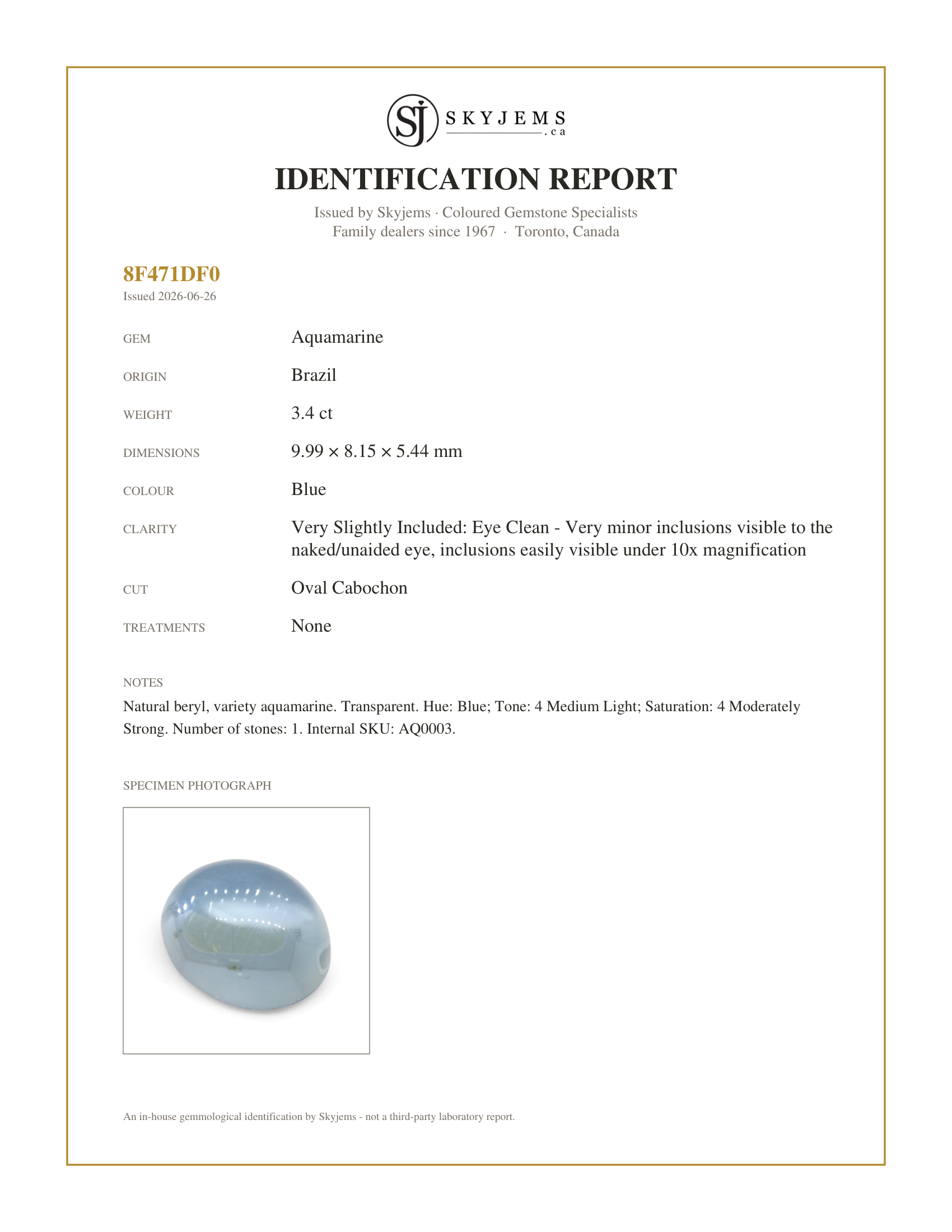 Skyjems Identification Report for AQ0003 — 3.4ct Oval Cabochon Blue Aquamarine from Brazil
