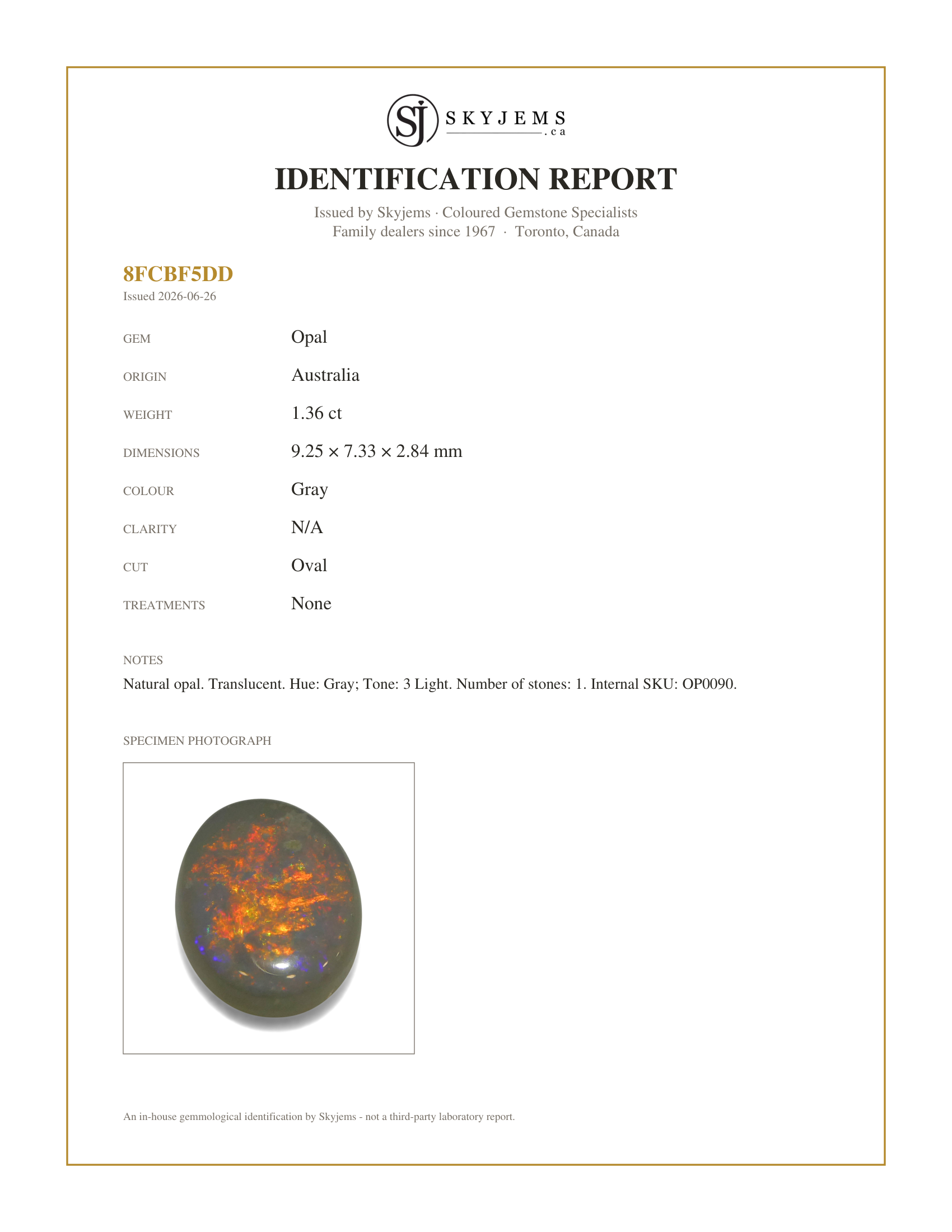 Skyjems Identification Report for OP0090 — 1.36ct Oval Cabochon Gray Opal from Australia