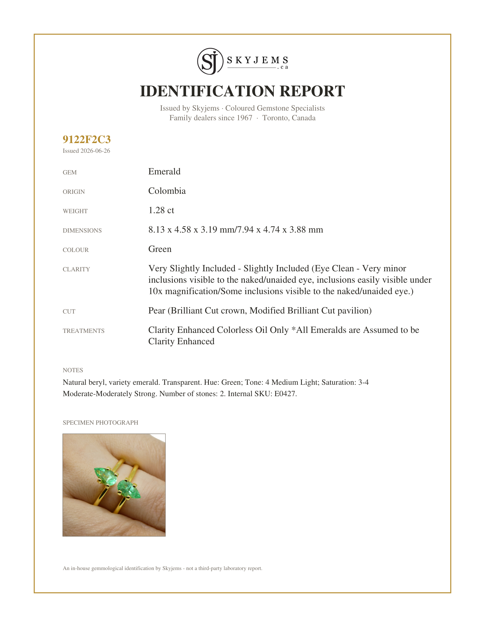Skyjems Identification Report for E0427 — 1.28ct Pair Pear Green Emerald from Colombia