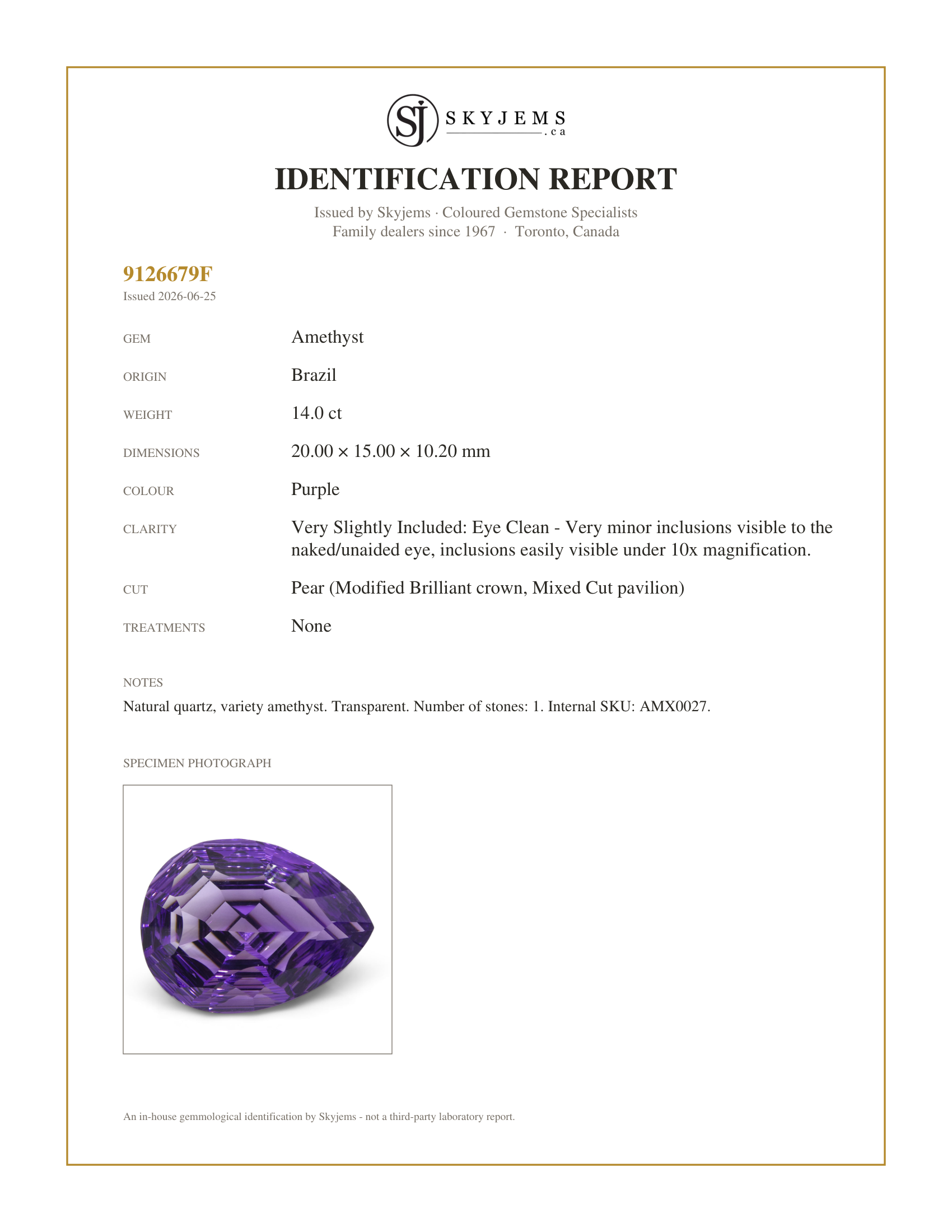 Skyjems Identification Report for AMX0027 — 14ct Pear Amethyst 'Bridget' Fantasy/Fancy Cut