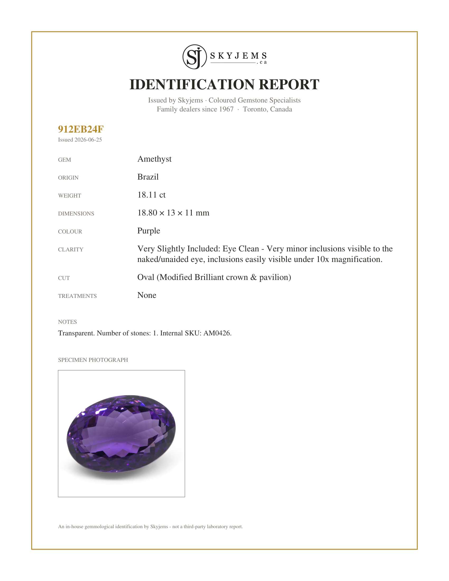 Skyjems Identification Report for AM0426 — 18.11 ct Oval Amethyst