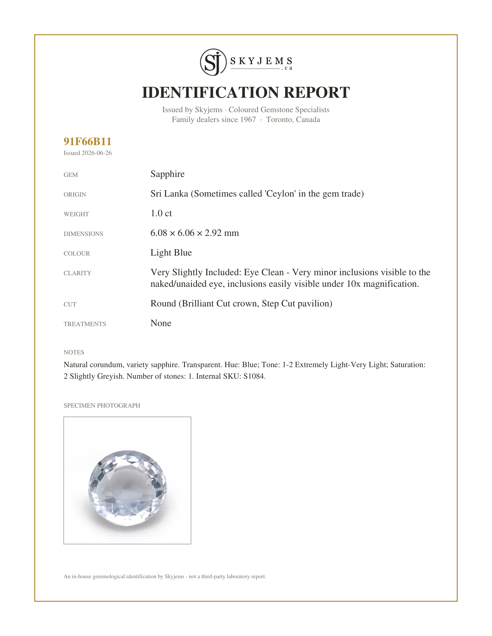Skyjems Identification Report for S1084 — 1ct Round Icy Blue Sapphire from Sri Lanka Unheated