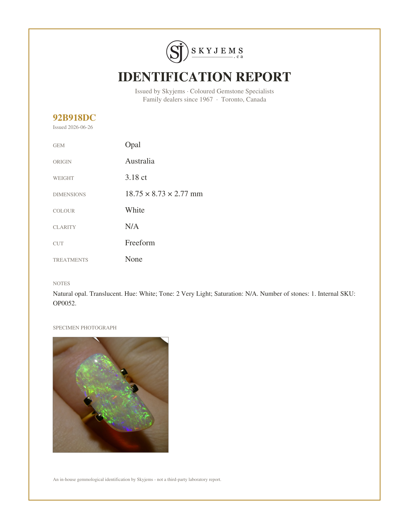 Skyjems Identification Report for OP0052 — 3.18ct Freeform Cabochon White Opal from Australia