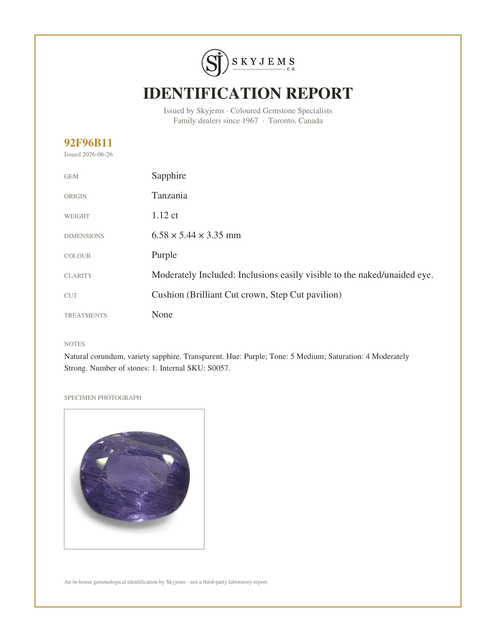 Skyjems Identification Report for S0057 — 1.12ct Unheated Cushion Purple Sapphire from Tanzania, Unheated