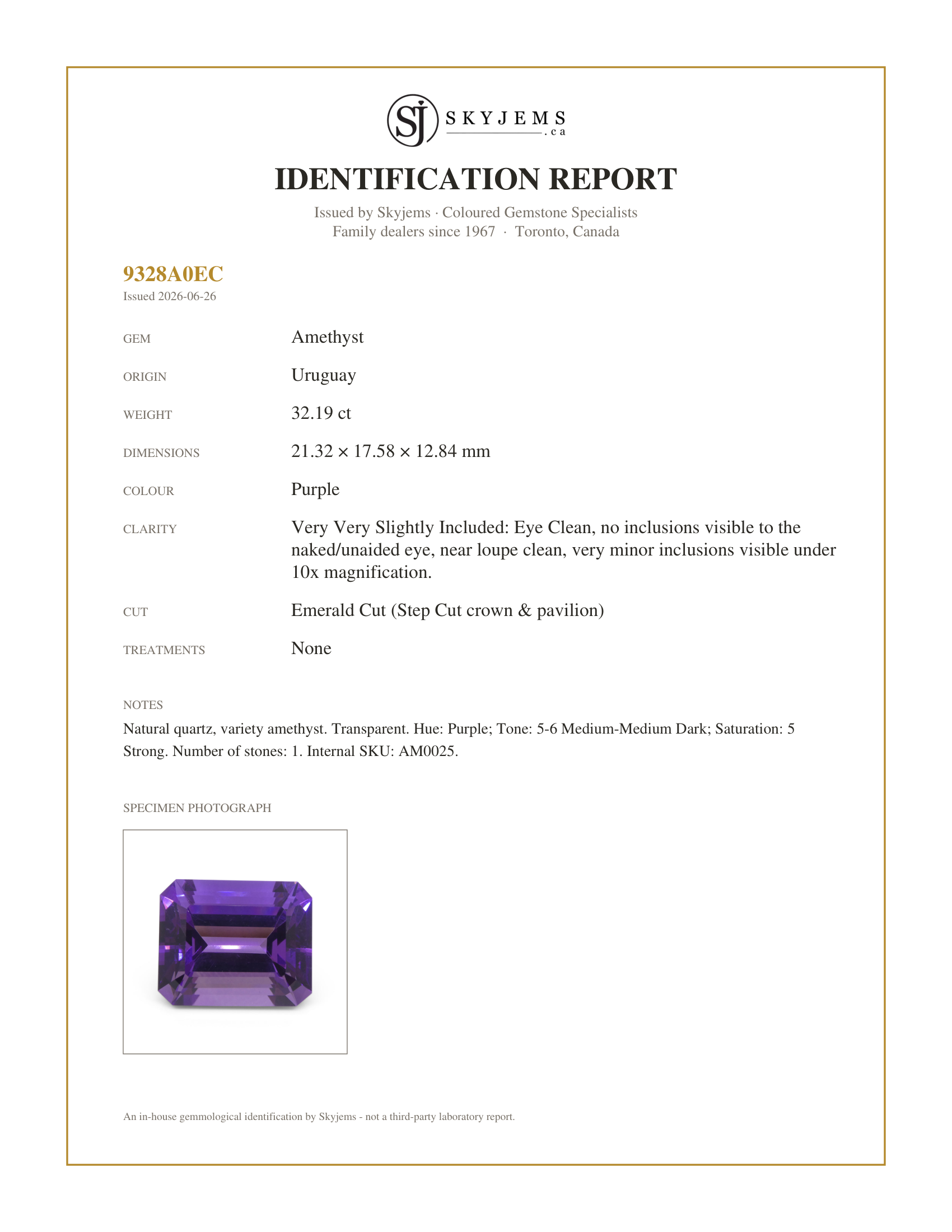 Skyjems Identification Report for AM0025 — 32.19ct Emerald Cut Purple Amethyst from Uruguay