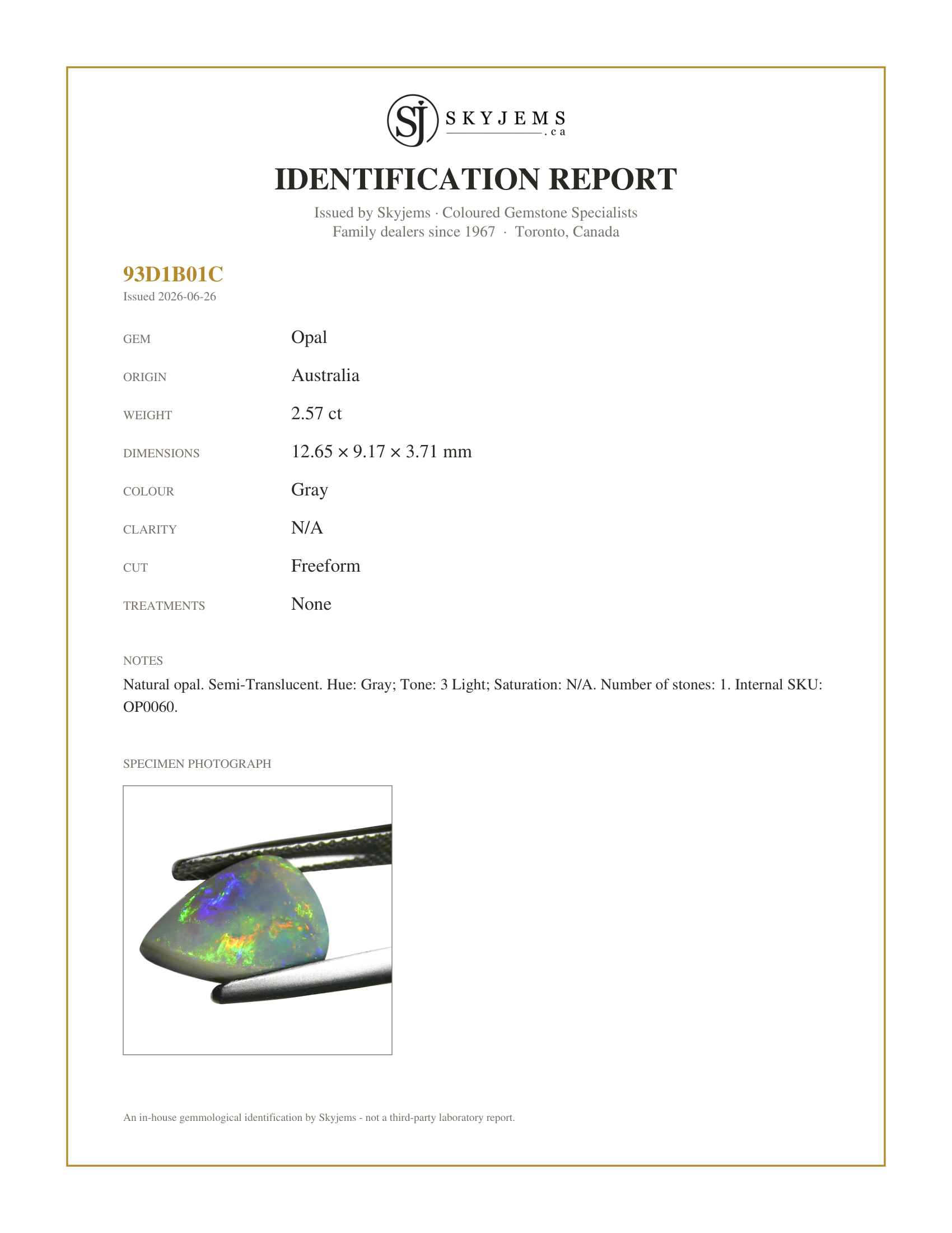 Skyjems Identification Report for OP0060 — 2.57ct Freeform Cabochon Gray Opal from Australia