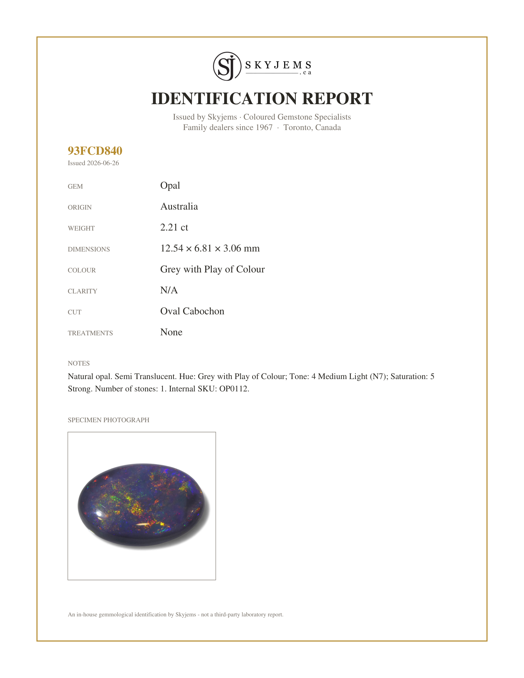 Skyjems Identification Report for OP0112 — 2.21ct Oval Cabochon Grey Opal from Australia