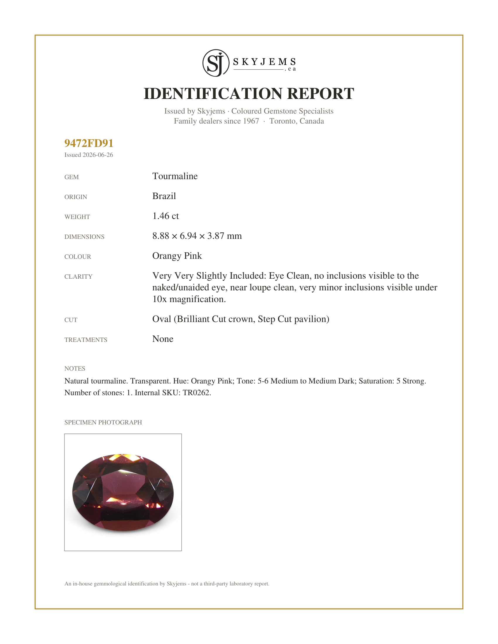 Skyjems Identification Report for TR0262 — 1.46ct Oval Pink Tourmaline