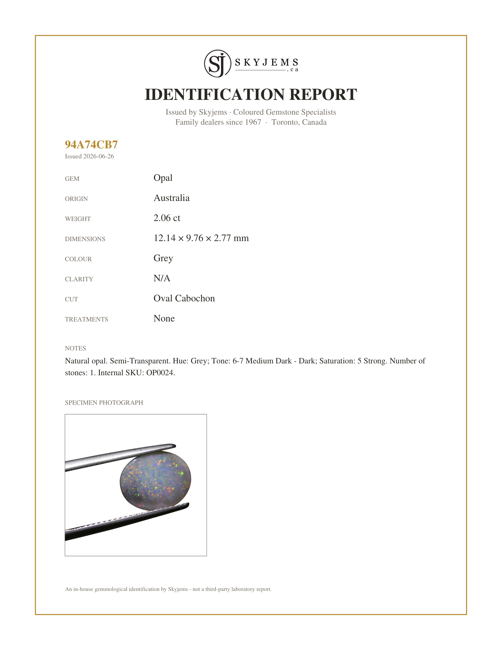 Skyjems Identification Report for OP0024 — 2.06ct Oval Cabochon Grey Opal from Australia