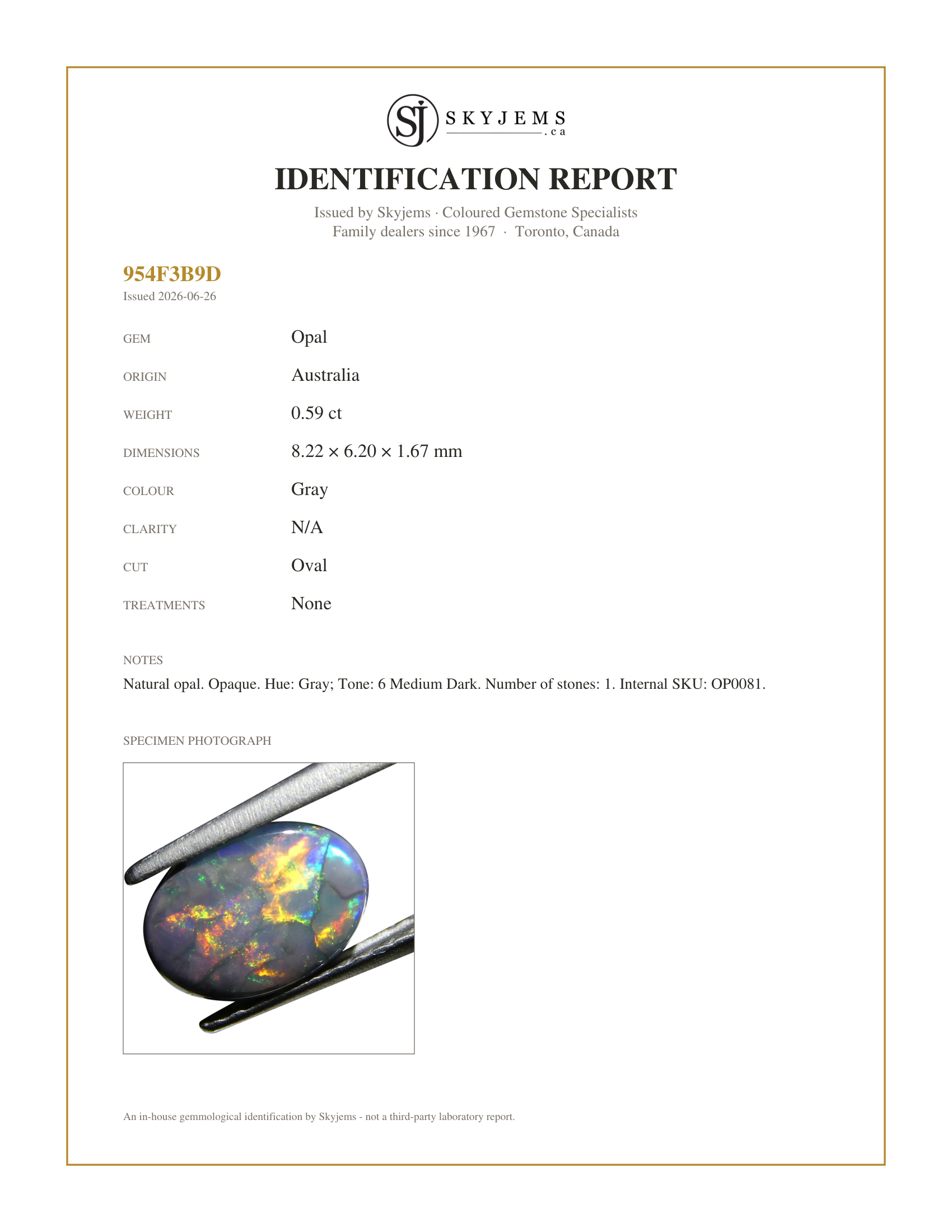 Skyjems Identification Report for OP0081 — 0.59ct Oval Cabochon Gray Opal from Australia