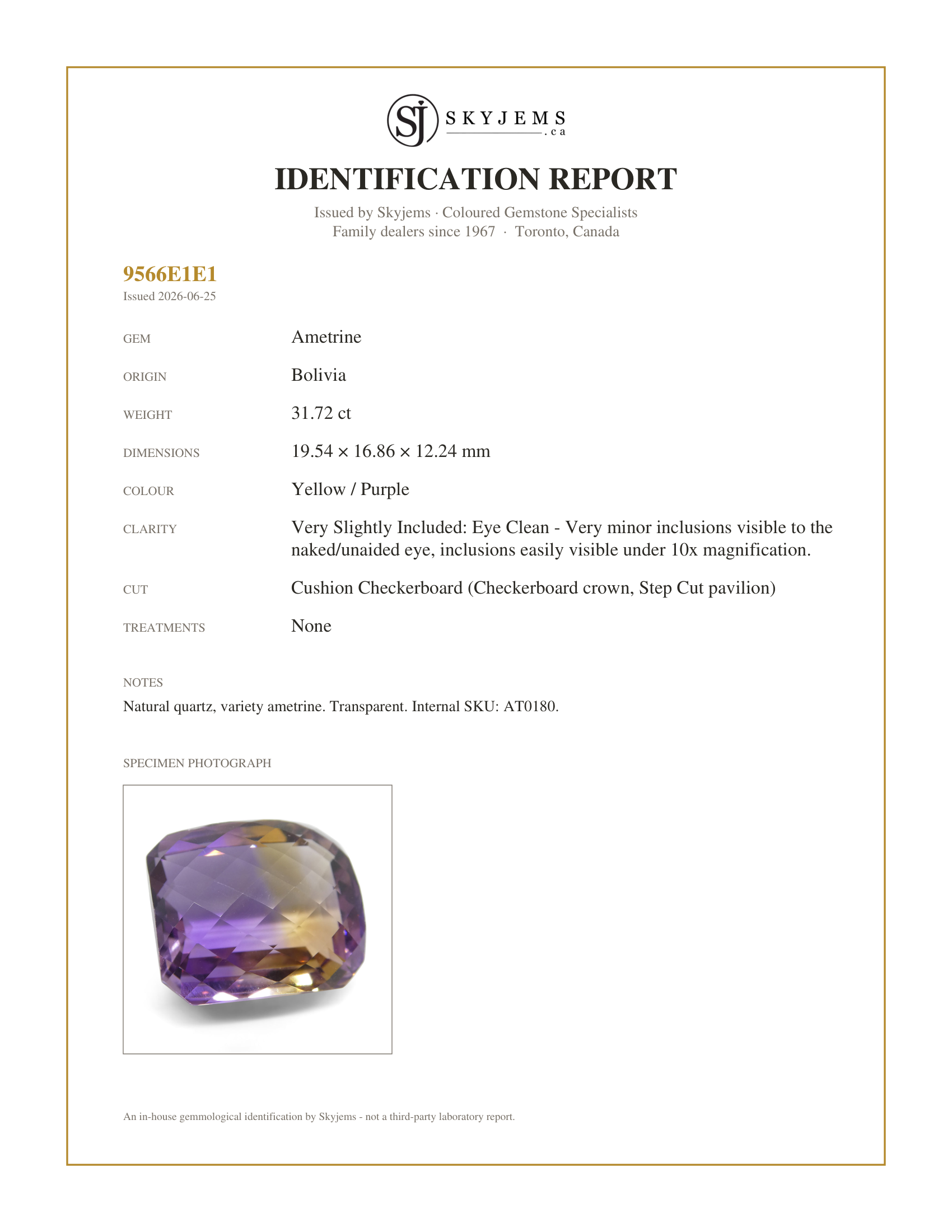 Skyjems Identification Report for AT0180 — 31.72 ct Cushion Checkerboard Ametrine, 100% Natural Very Rare Single Source Gem from Bolivia