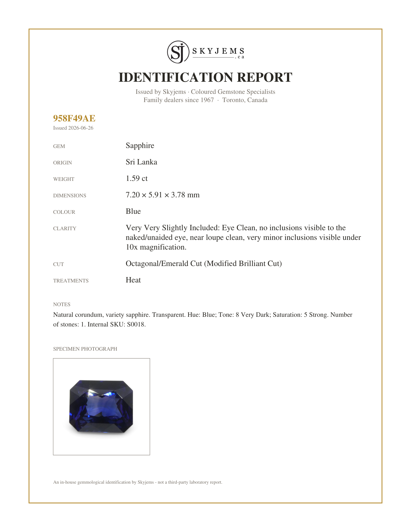 Skyjems Identification Report for S0018 — 1.59ct Octagonal/Emerald Cut Blue Sapphire from Sri Lanka