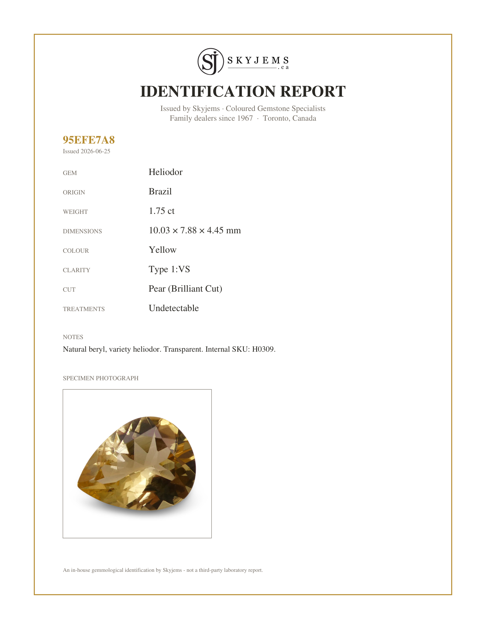 Skyjems Identification Report for H0309 — 1.75 ct Pear Heliodor, Golden Yellow Beryl