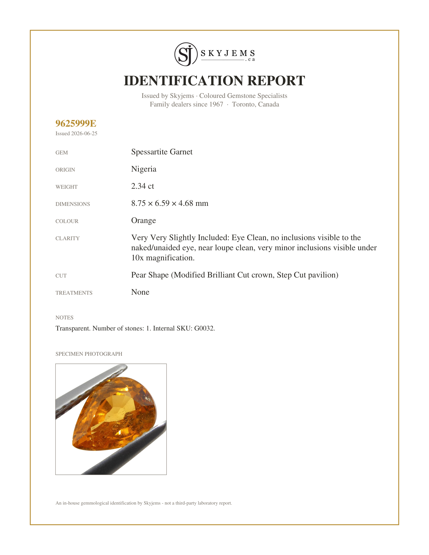 Skyjems Identification Report for G0032 — 2.34 ct Pear Shape Vivid Fanta Orange Mandarin Spessartite/Spessartine Garnet